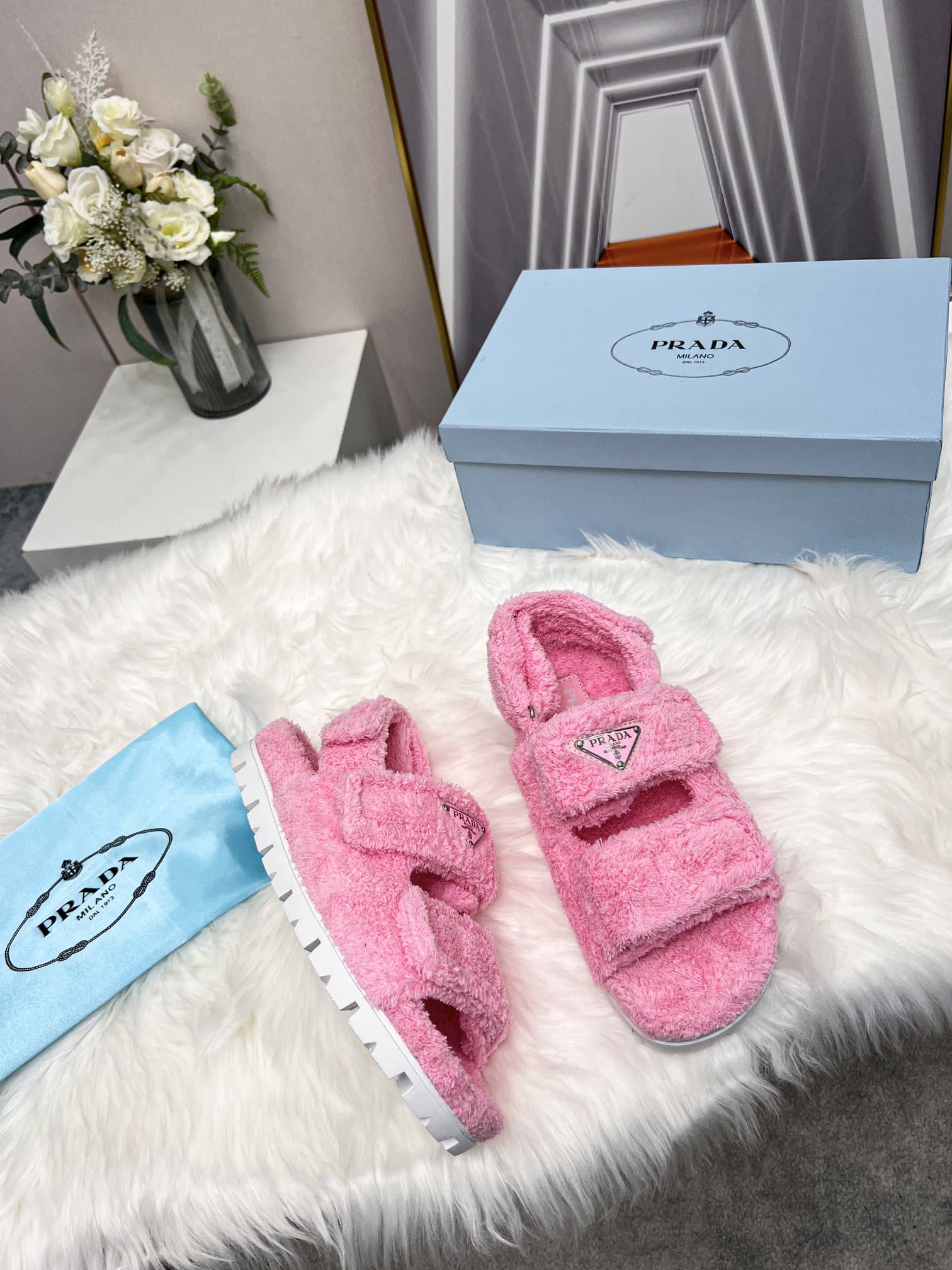 Prada Petal Pink Terrycloth Sandals 1X737Mh39F0442Fd020
