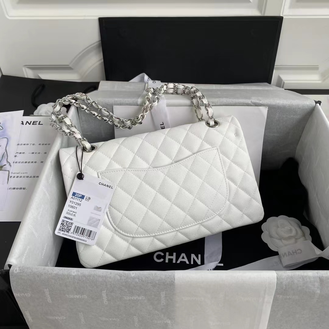 Chanel Classic Double Flap Bag White Silver Hardware 25Cm/10in