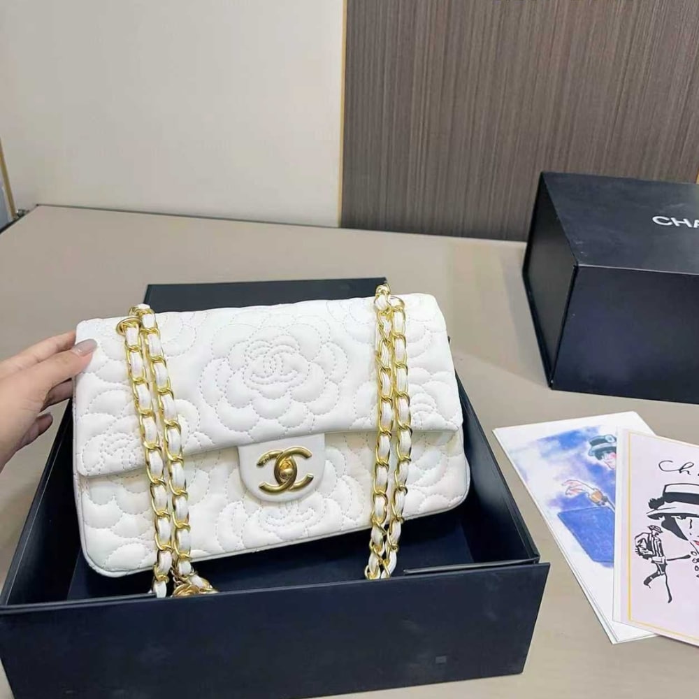 Chanel Flap Bag With Camellia Flower Chain White 26Cm