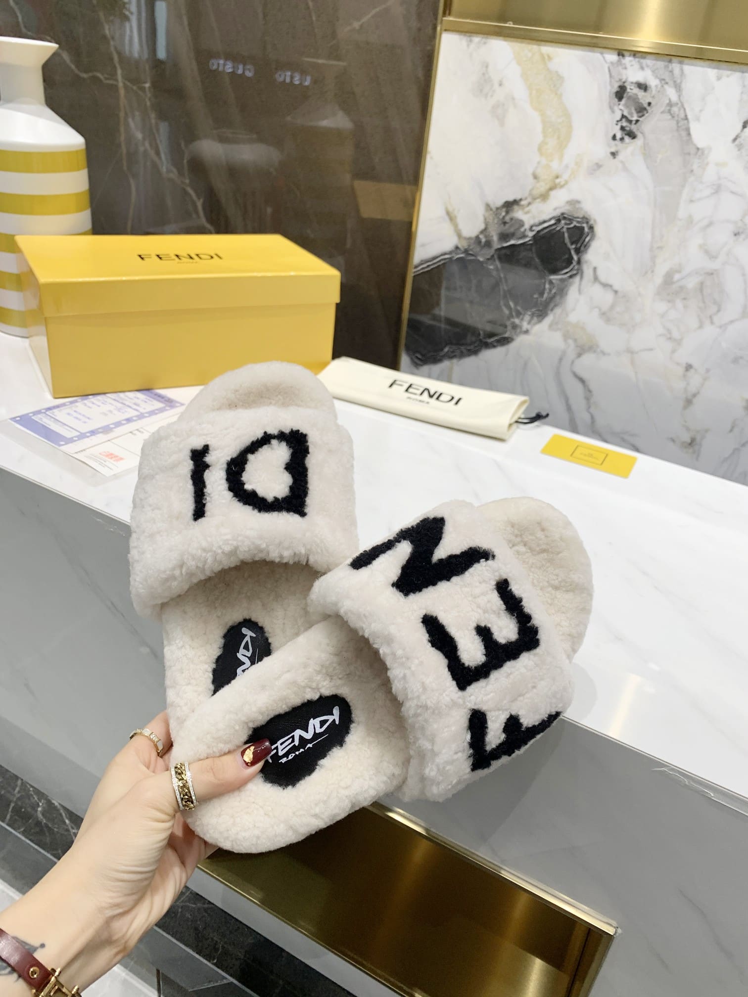 Fendi Shearling Slides White