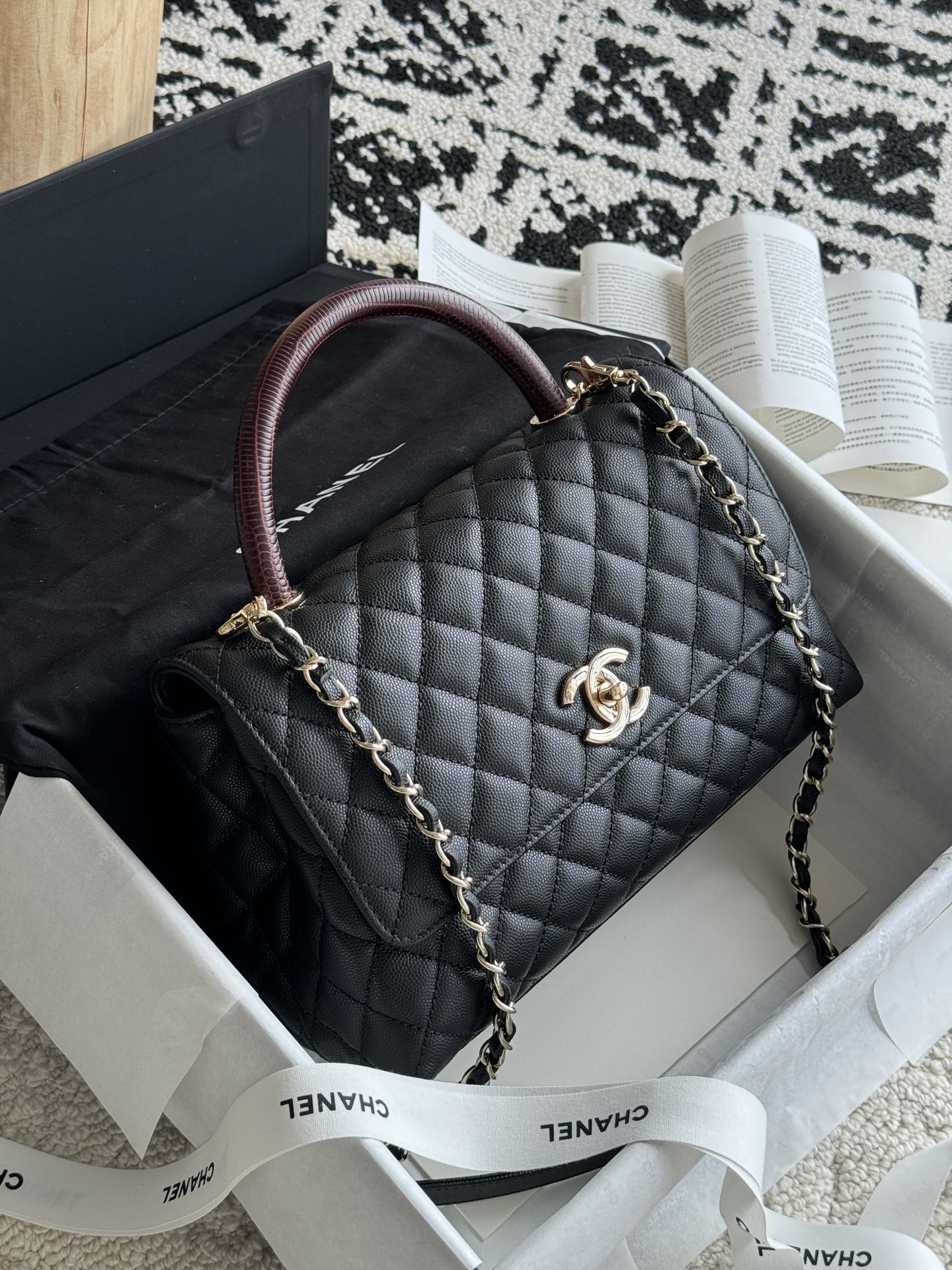 Small Coco Handle Flap Bag in Black Quilted Caviar Leather with Burgundy Lizard Handle and Light Gold-Tone Hardware