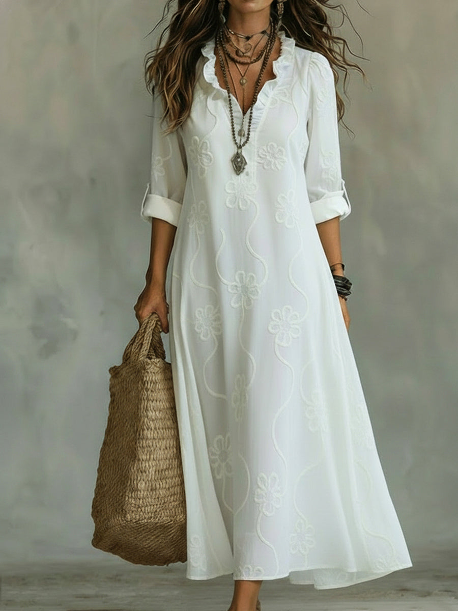 Embroidered V Neck Maxi Dress Casual Fit(BUY 2 FREE SHIPPING)