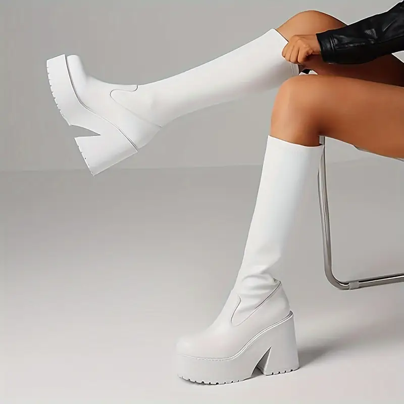 Elastic Platform Chunky Block High Heel Sock Boots Zipper Round Toe Fashion Motorcycle Combat
