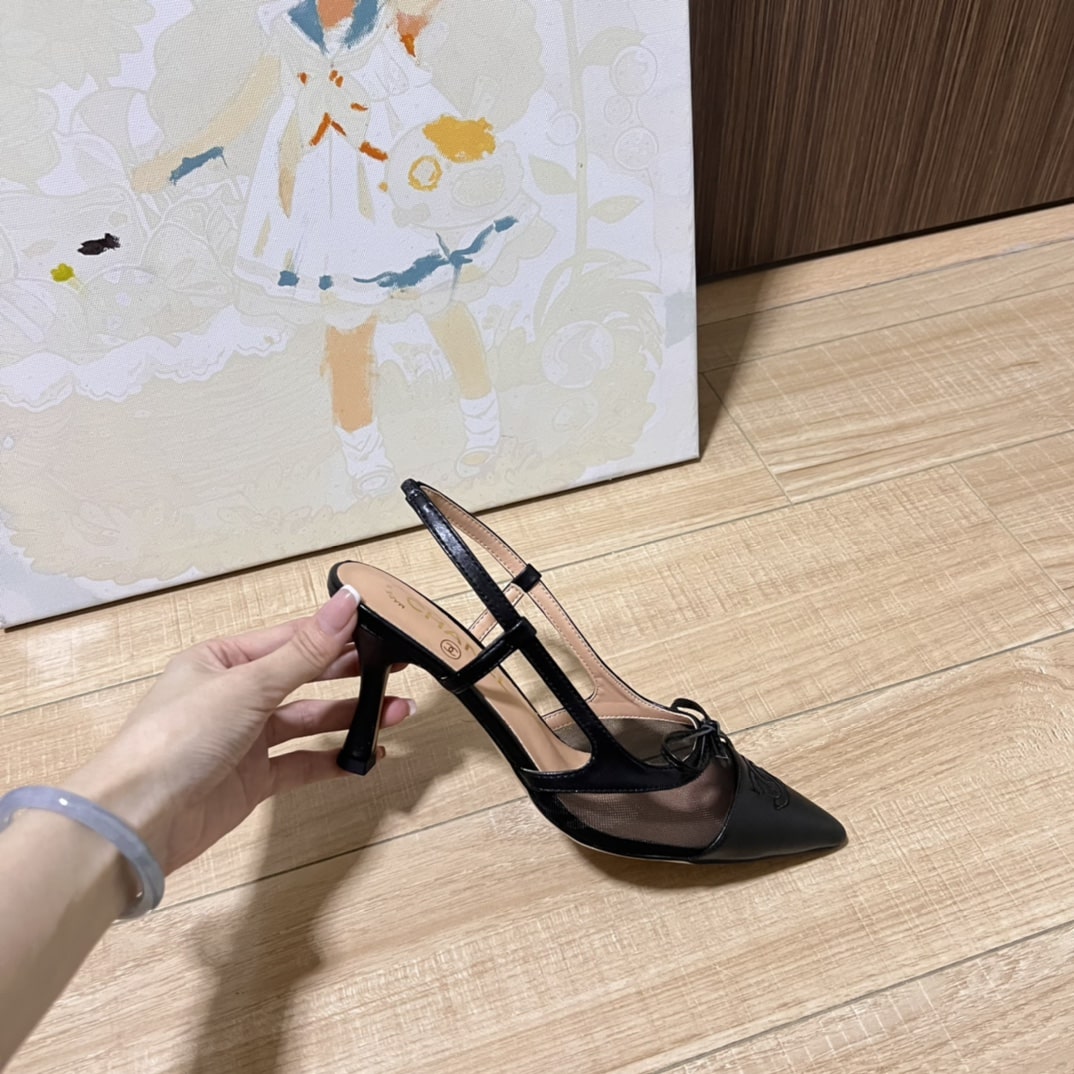 Chanel Cc Leather Pointy Toe Pumps Slingbacks Sandals Black