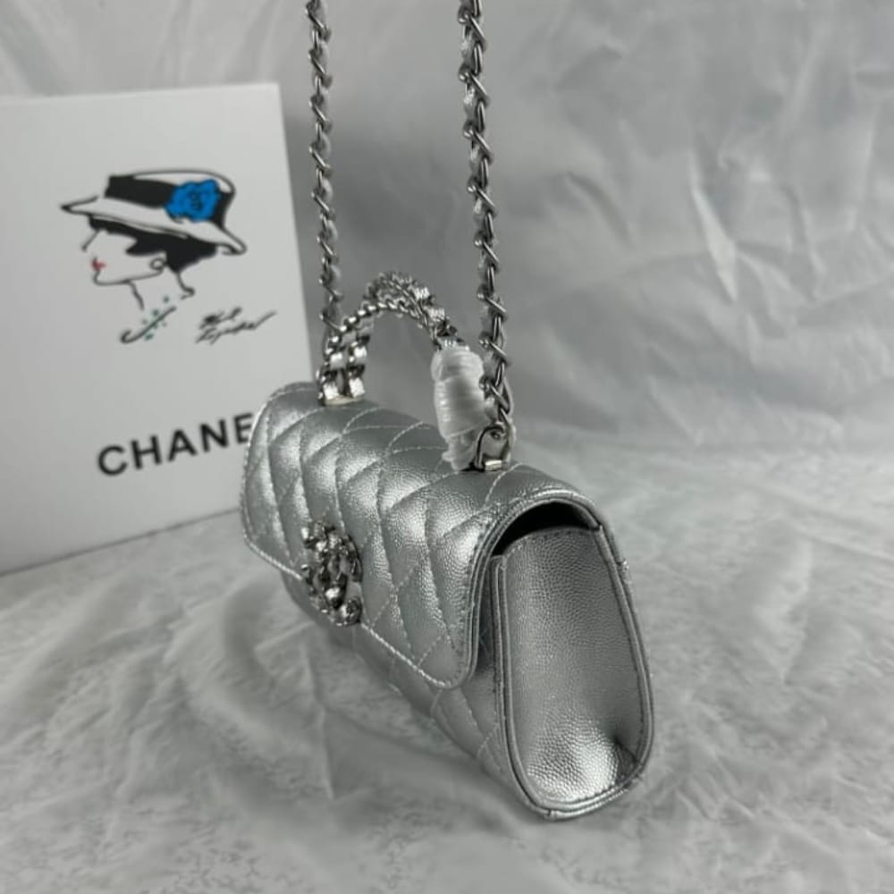 Chanel 23P Clutch With Chain Bag Grained Leather Silver 18cm