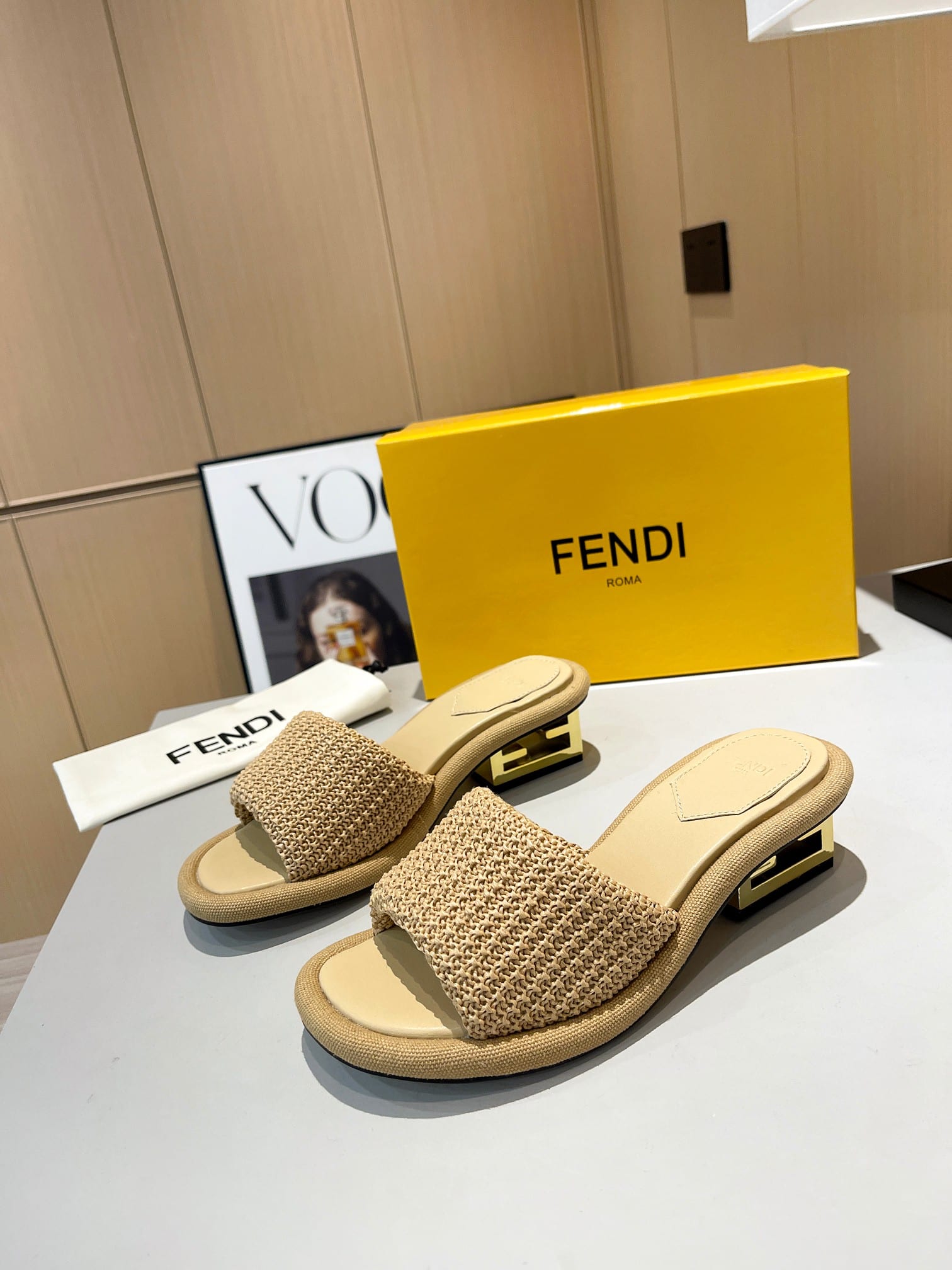 Fendi Baguette Raffia Slide Sandal Natural Neutral
