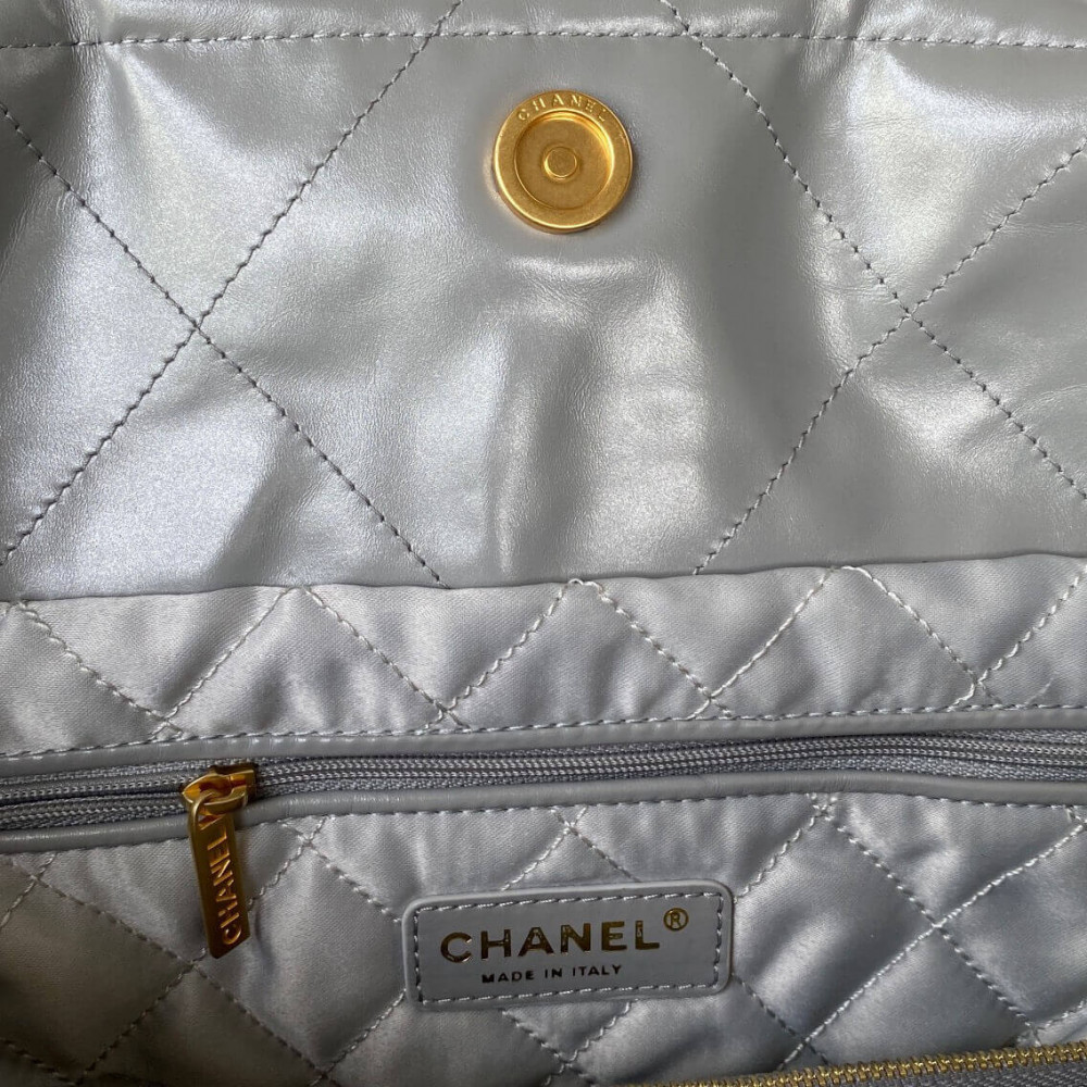Chanel 22 Small Handbag Shiny Calfskin Grey With logo Gold