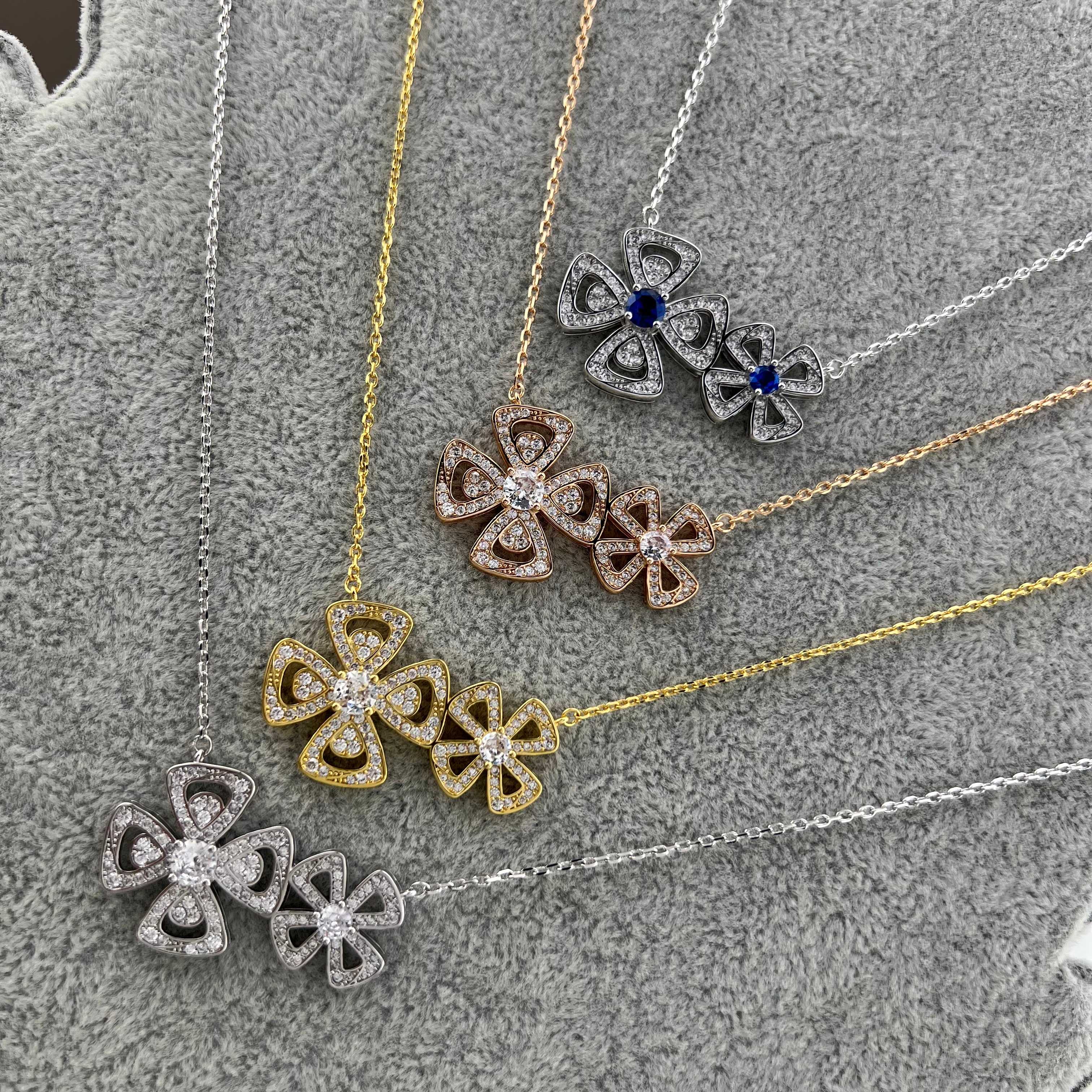 Ever Blooming Flower Series Full Diamond Double Flower Necklace