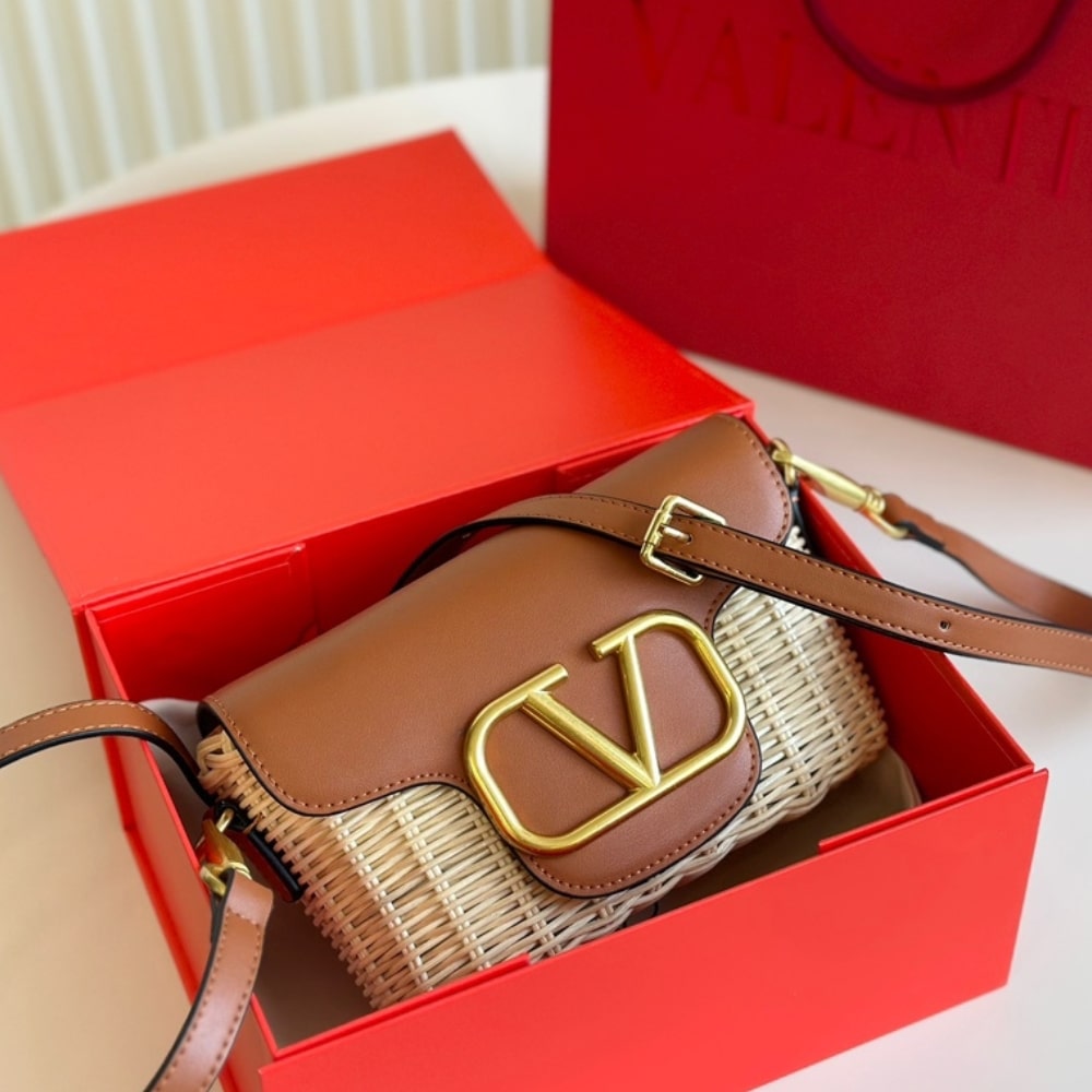 Valentino Loco VLogo Flap Straw Shoulder Bag Brown 18Cm
