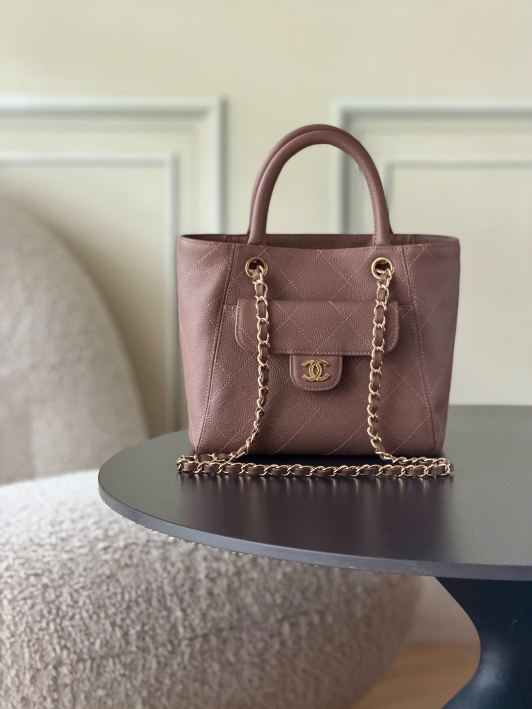CHANEL Shopping Bag Grained Calfskin & Gold Tone Metal Brown