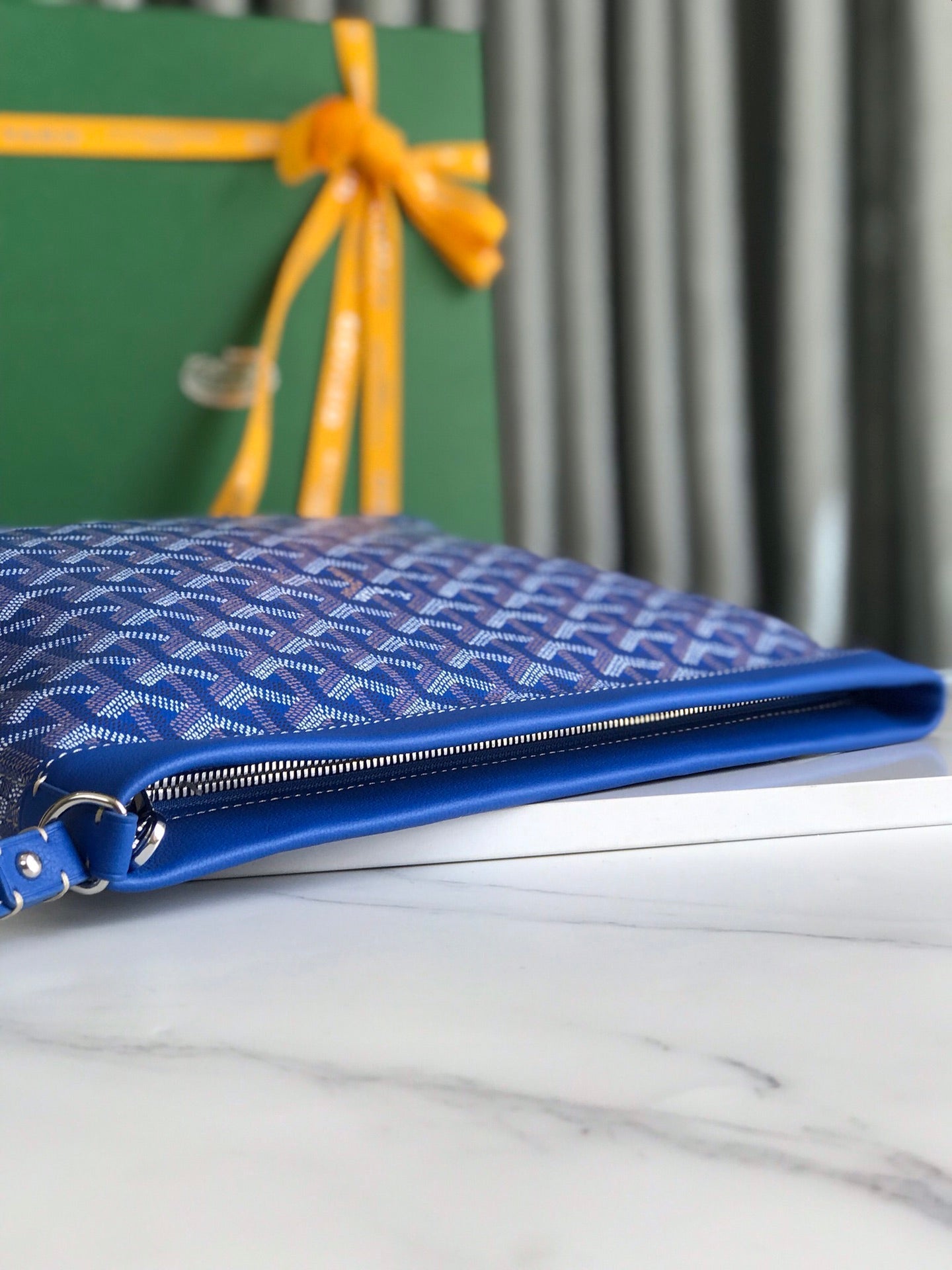 Goyard Conti Pouch 24cm Sapphire Blue Lambskin And Goyardine Canvas