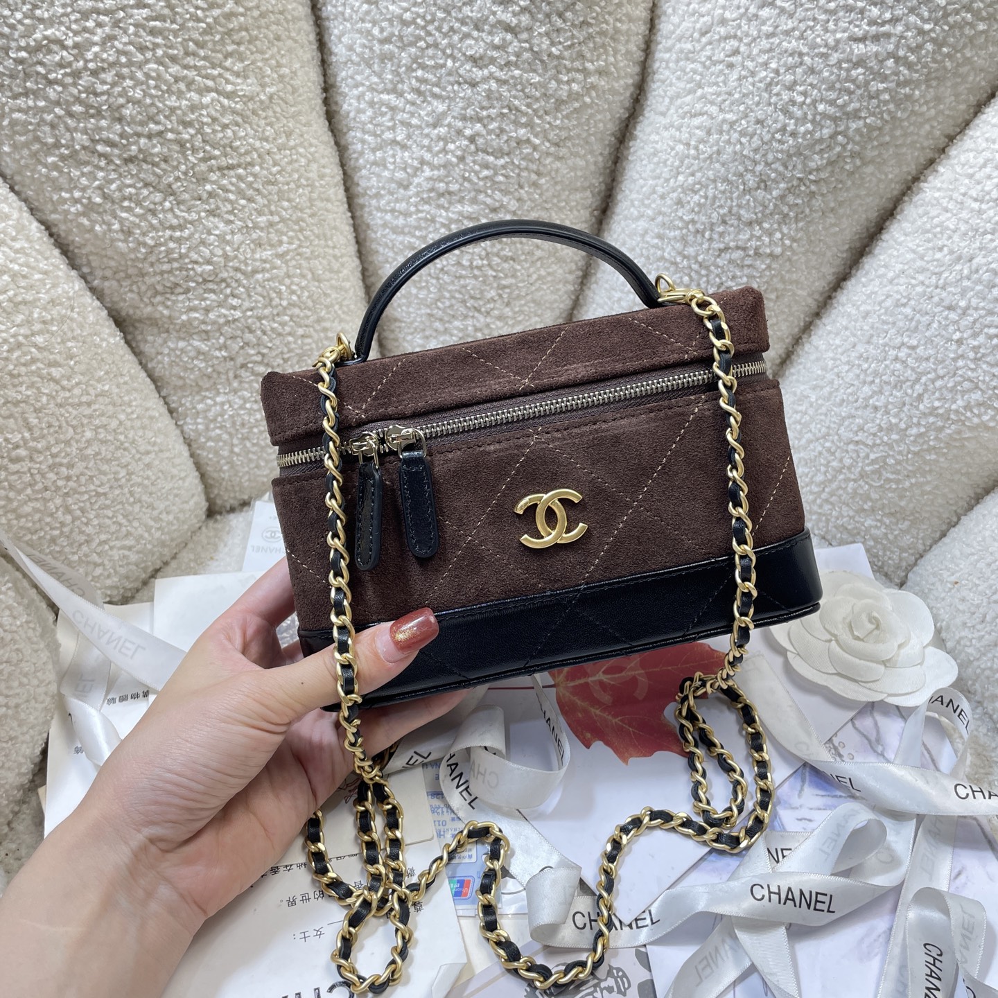 26S Slim Vanity Case with Chain in Dark Brown Suede & Black Lambskin with Gold-Tone Hardware