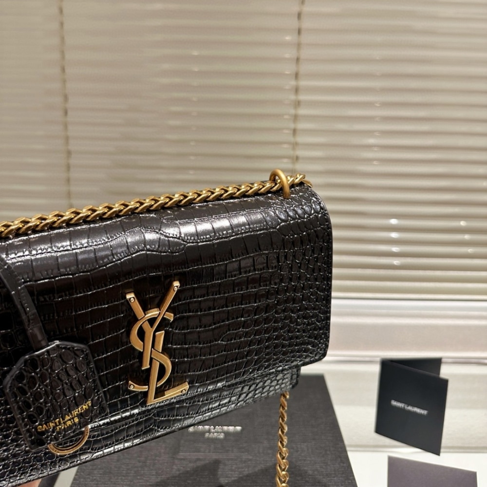 Saint Laurent Sunset Medium In Crocodile Embossed Leather Black 22Cm