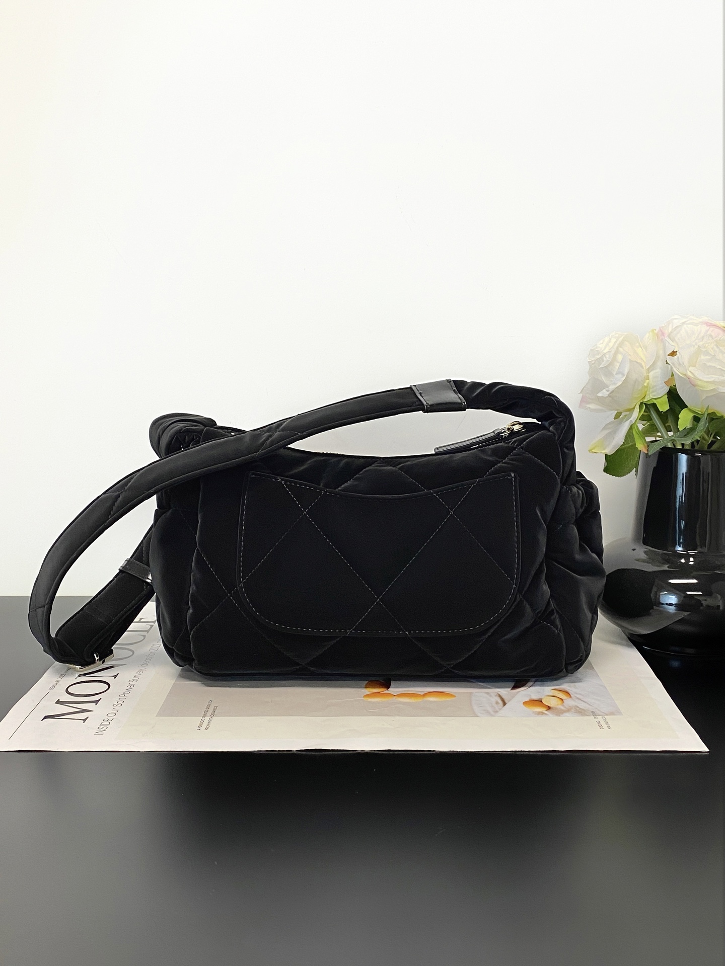 25N Ski Collection Hobo Bag in Black Technical Suede Nylon with Gold Hardware (Model AM7140)