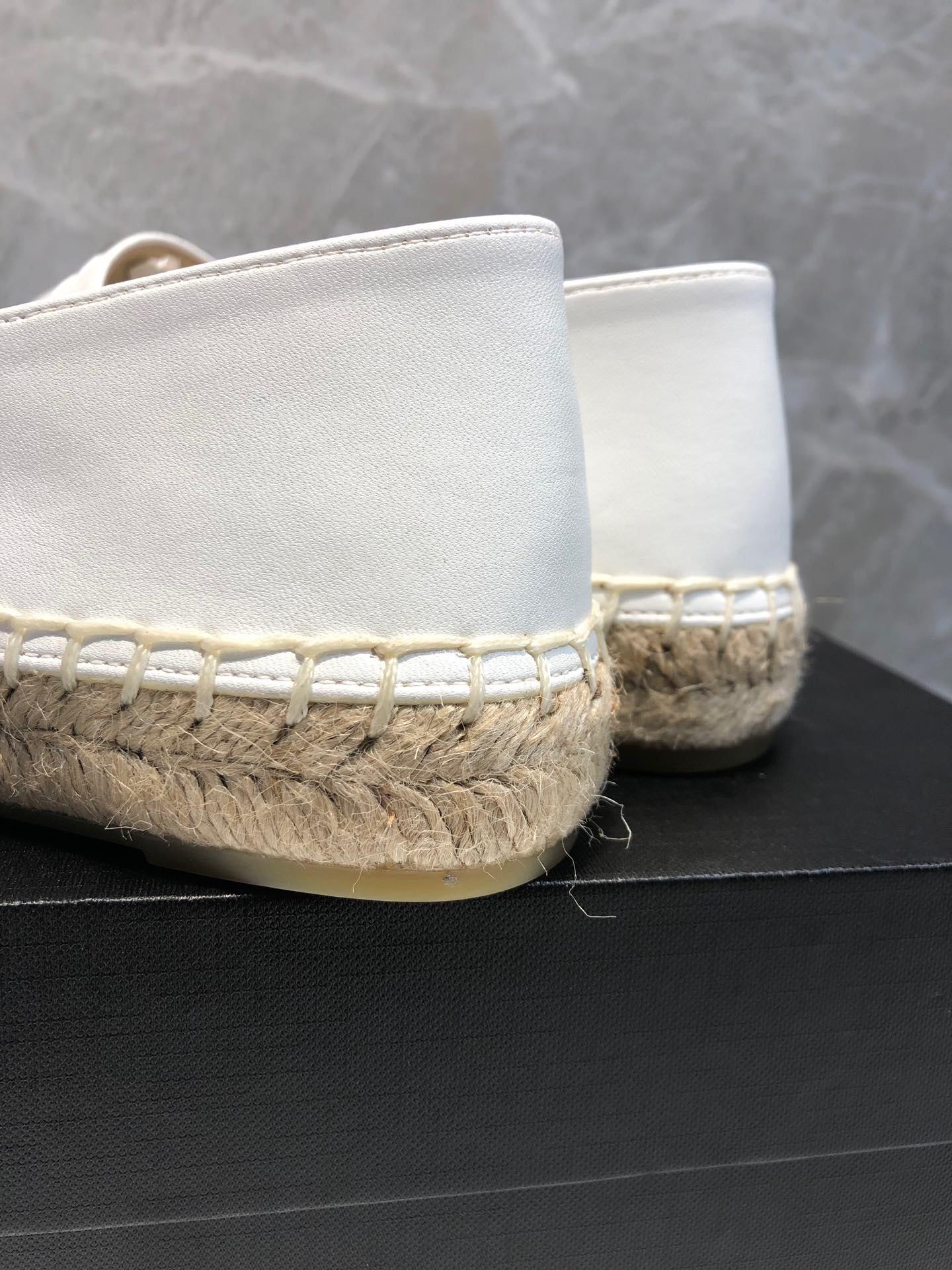 Chanel CC Embroidered Espadrille Leather Black Cap Toe Flats White