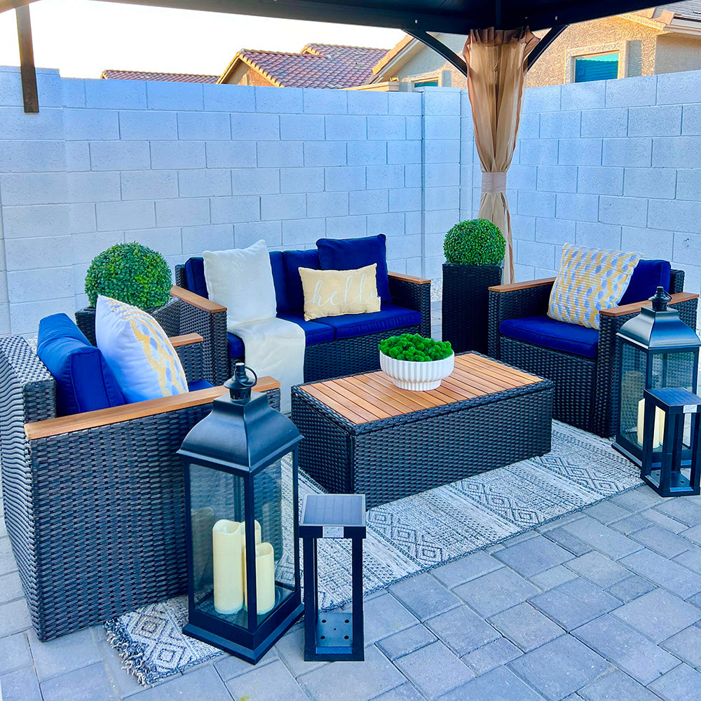 4-Piece Outdoor Rattan & Wood Sectional Sofa Conversation Set With Cushions