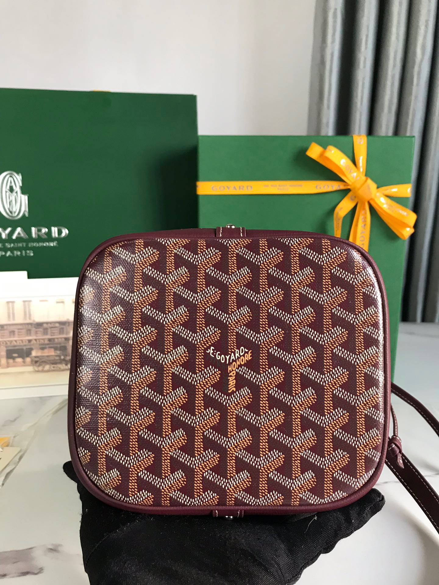 Goyard Petit Flot Bucket Bag 22 Cm Wine Red Goyardine Canvas And Lambskin Trim
