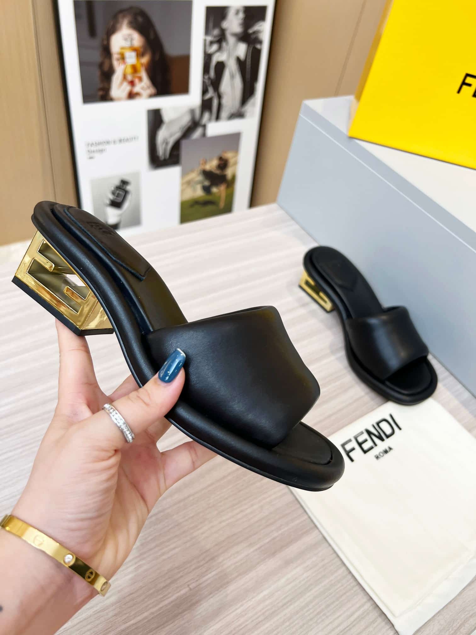 Fendi Cutout Metal Block Heel Padded Leather Sandals Black