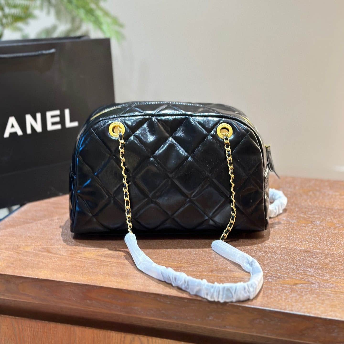 Chanel Maxi Bowling Shoulder Bag With Chain In Black 28Cm