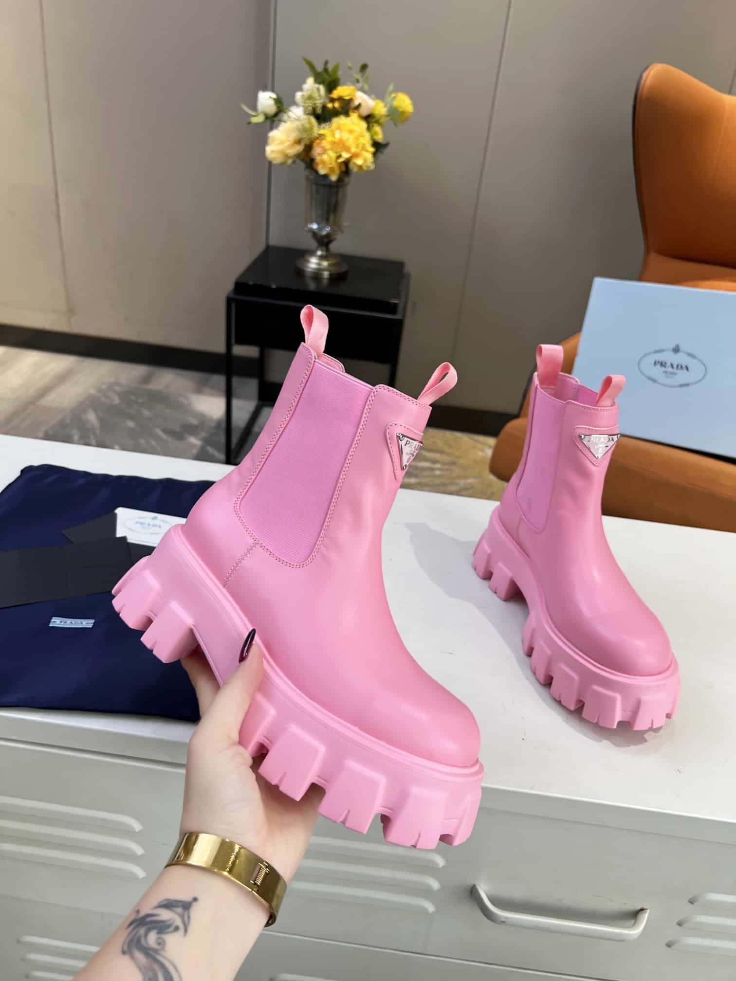 Prada Monolith Brushed Leather Booties Pink