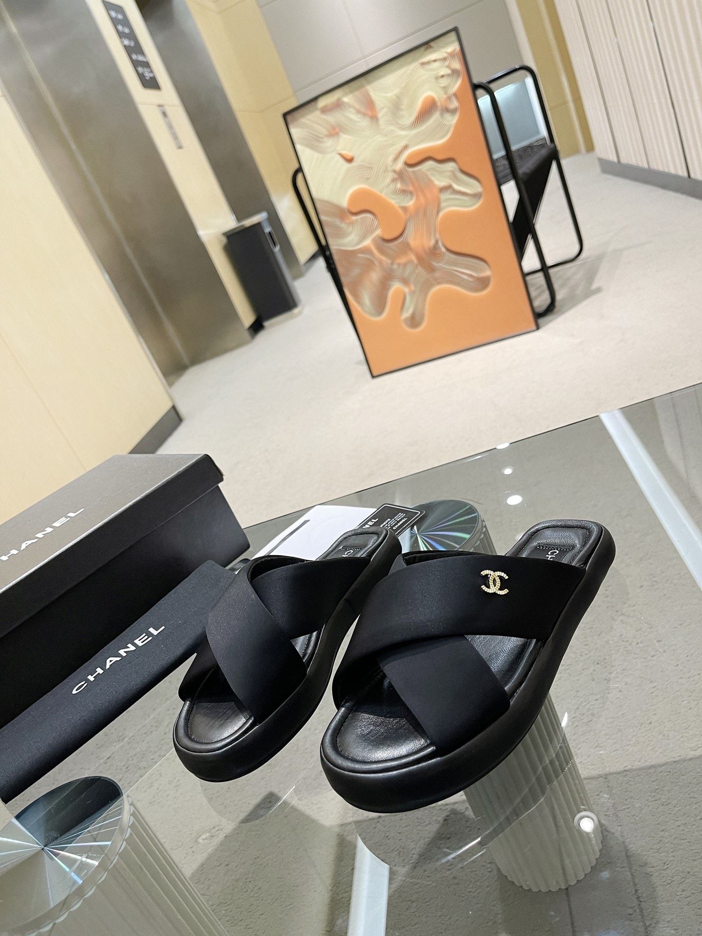 Chanel Cc Logo Criss Cross Slides Black