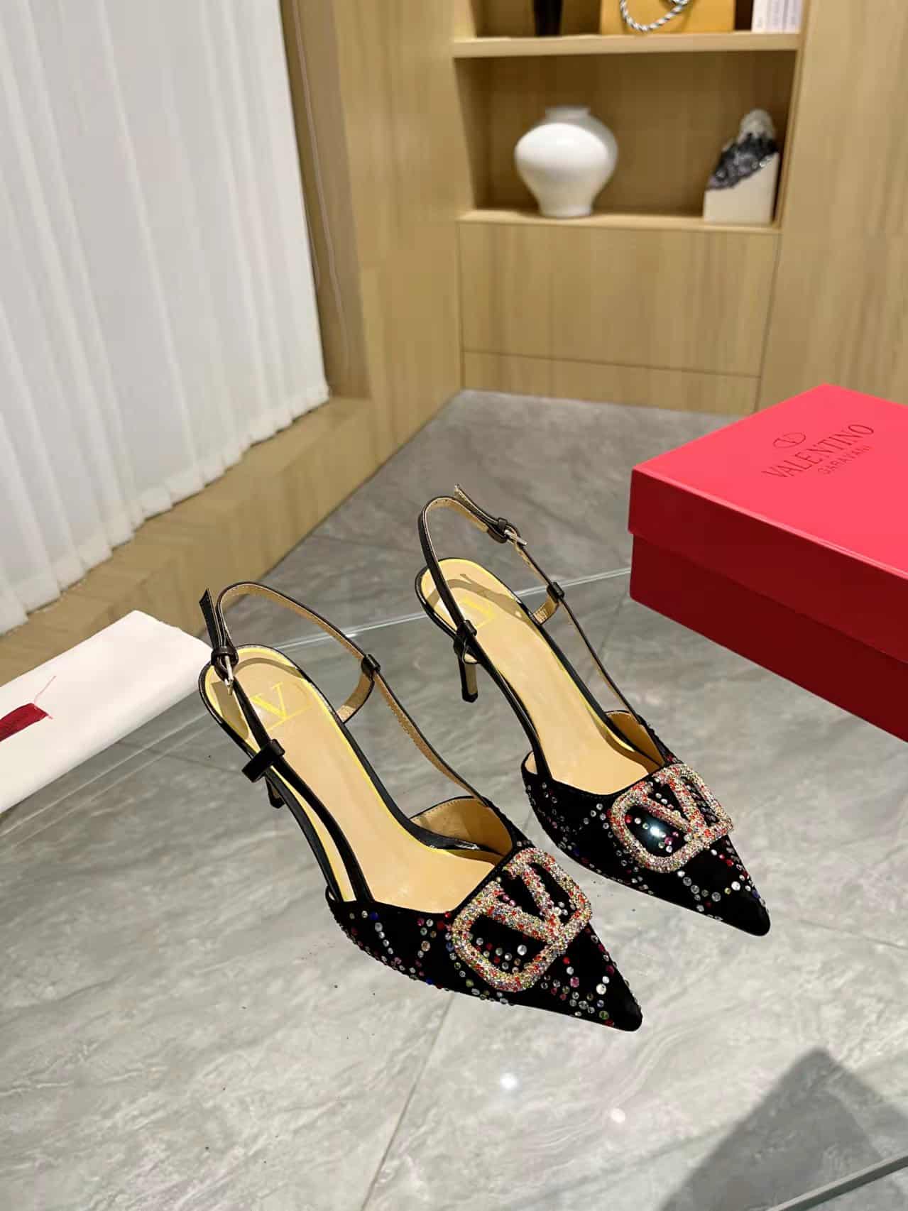 Valentino VLogo Signature Back Strap Crystal High Heels Black