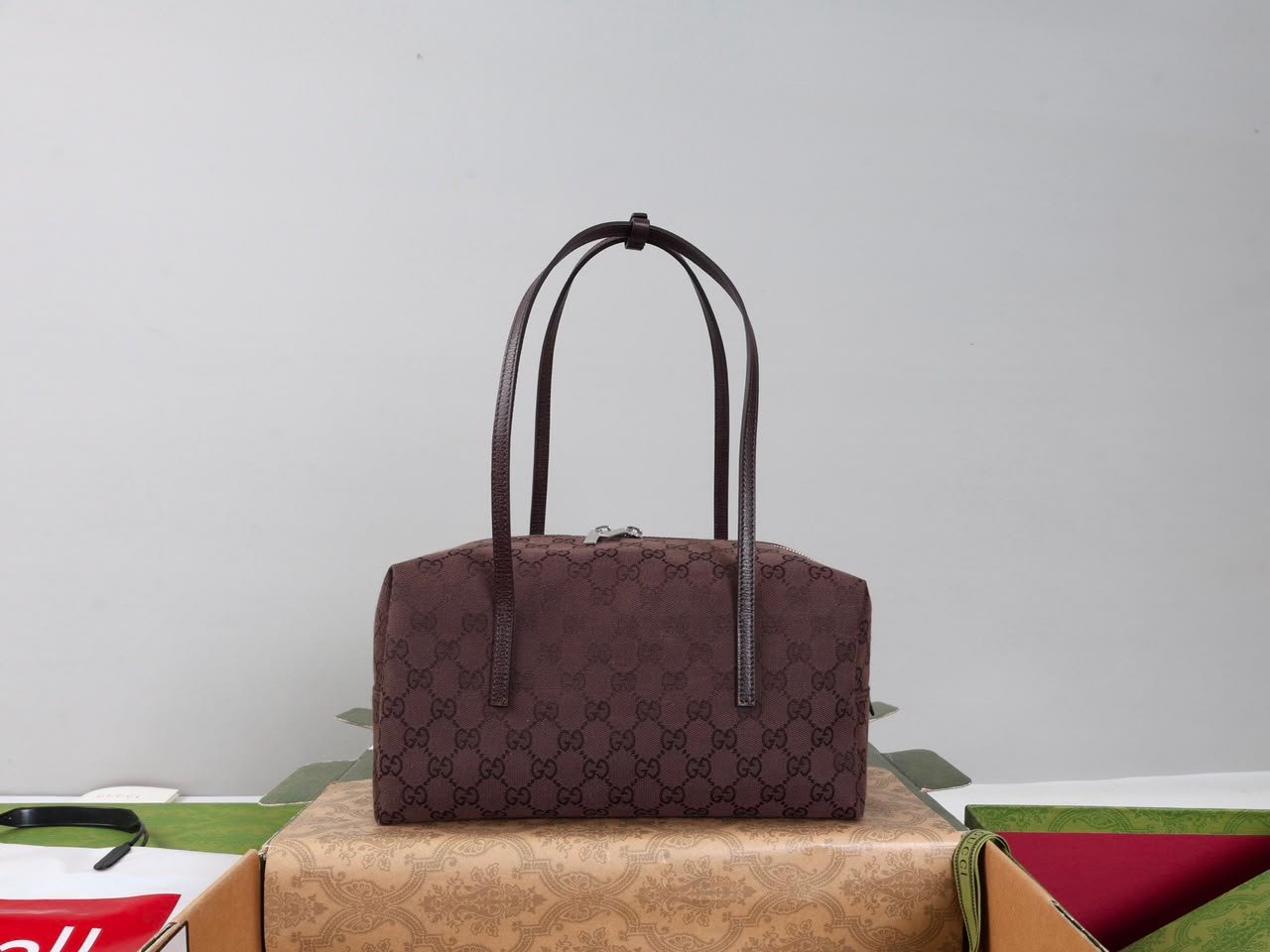 Gucci Melrose Medium Boston Bag 29cm/11.4in Dark Brown GG Canvas 875228