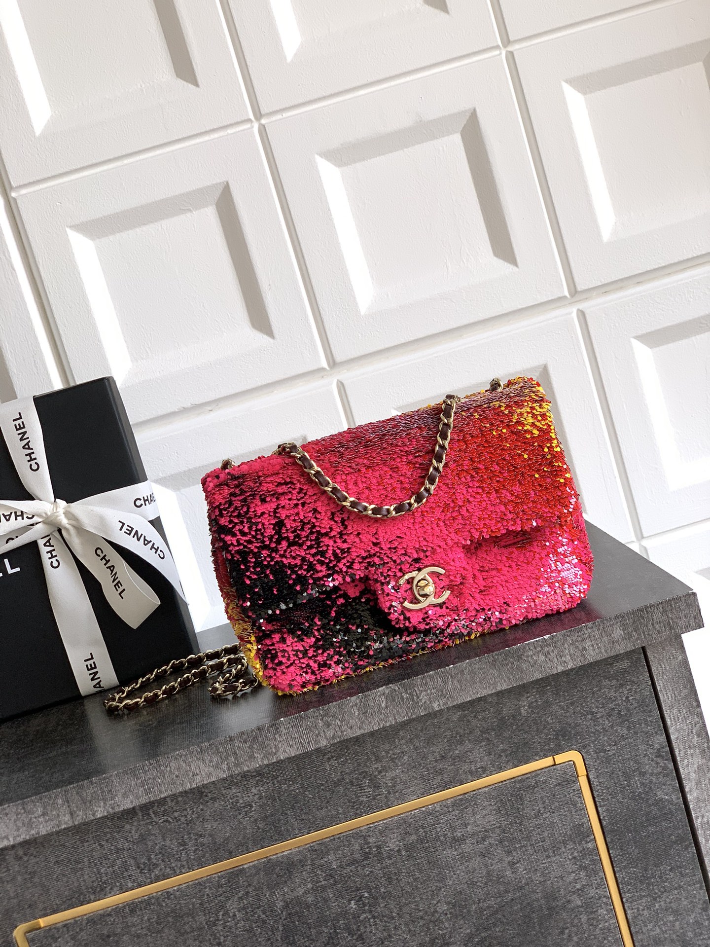 Chanel Shaded Sequins Mini Flap Black Burgundy Red Yellow