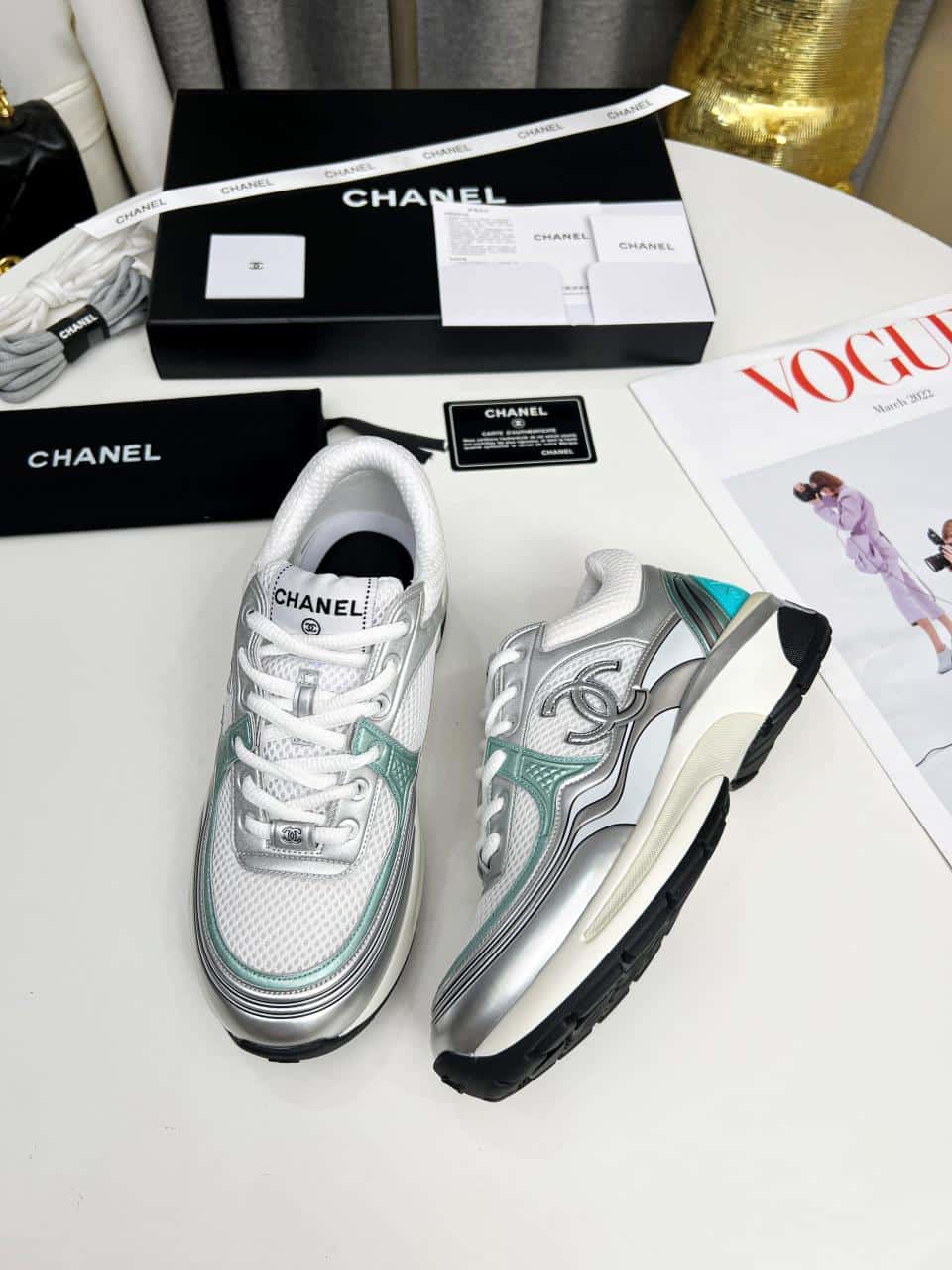 Chanel 23C Silver Metallic Cc Logo Lace Up Flat Runner Trainer Sneaker White Turquoise