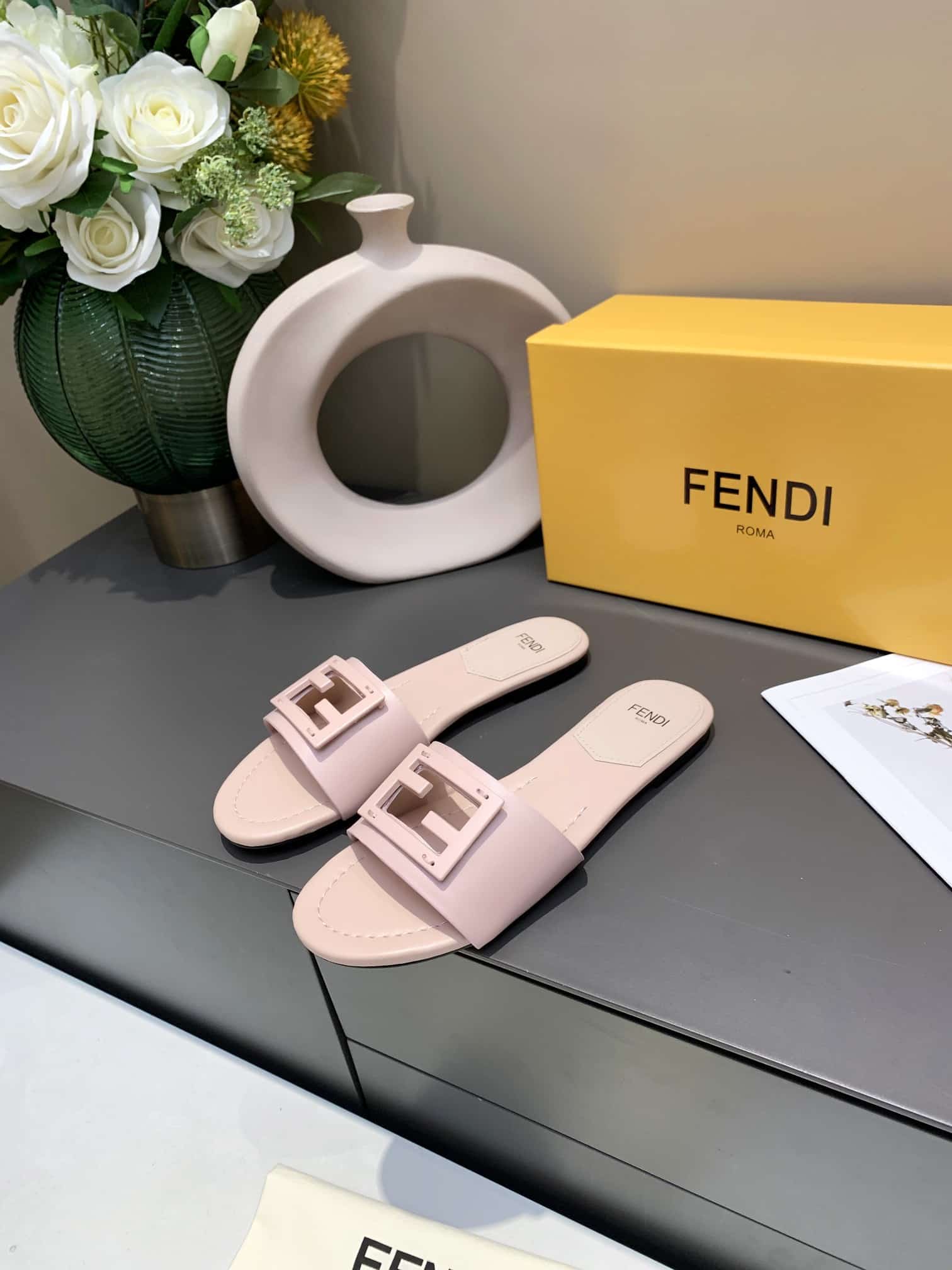 Fendi Signature Leather Sandals Slide Pink 8R8136Ae7Tf1Fgd