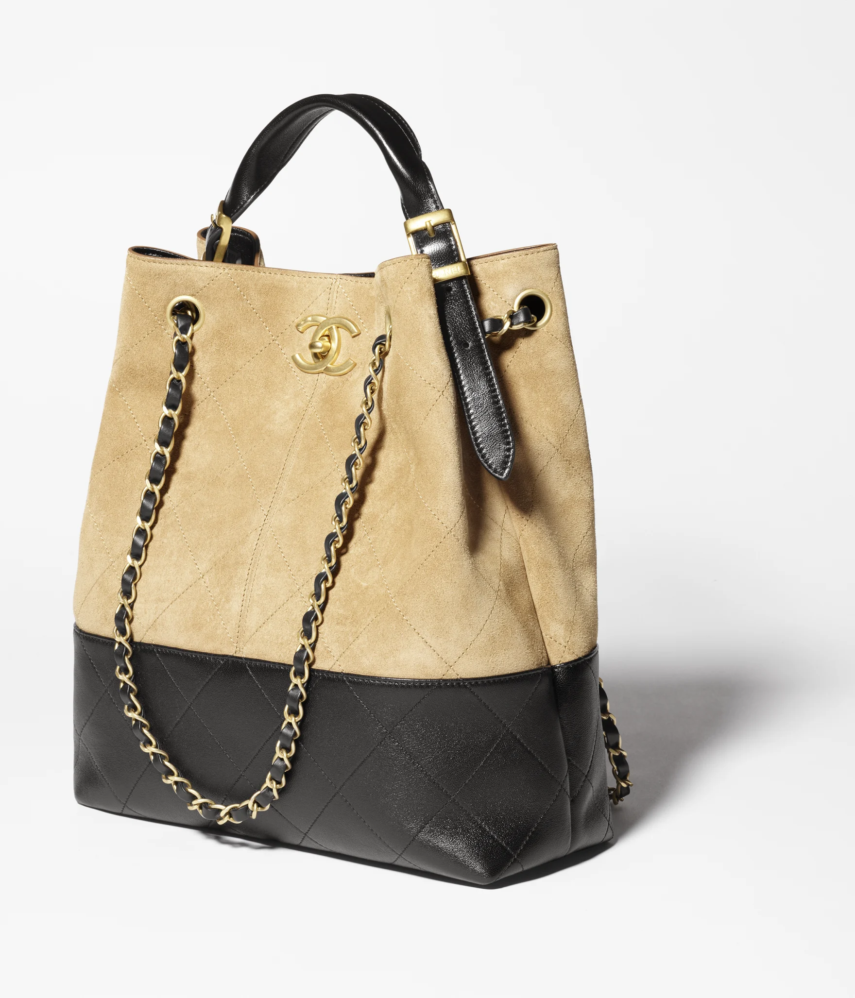 CHANEL Suede Calfskin, Shiny Lambskin & Gold-Tone Metal Beige & Black