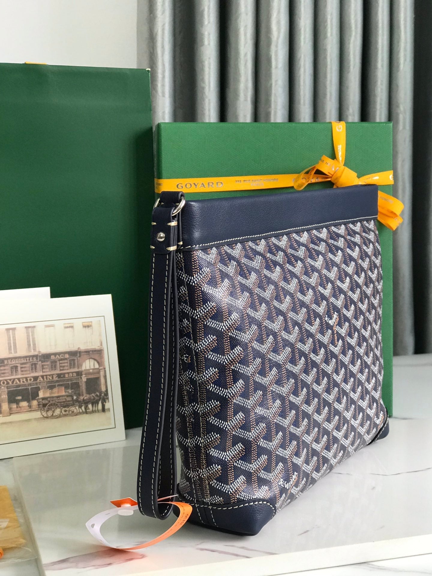 Goyard Conti Pouch 24 Cm Navy Blue Lambskin And Goyardine Canvas