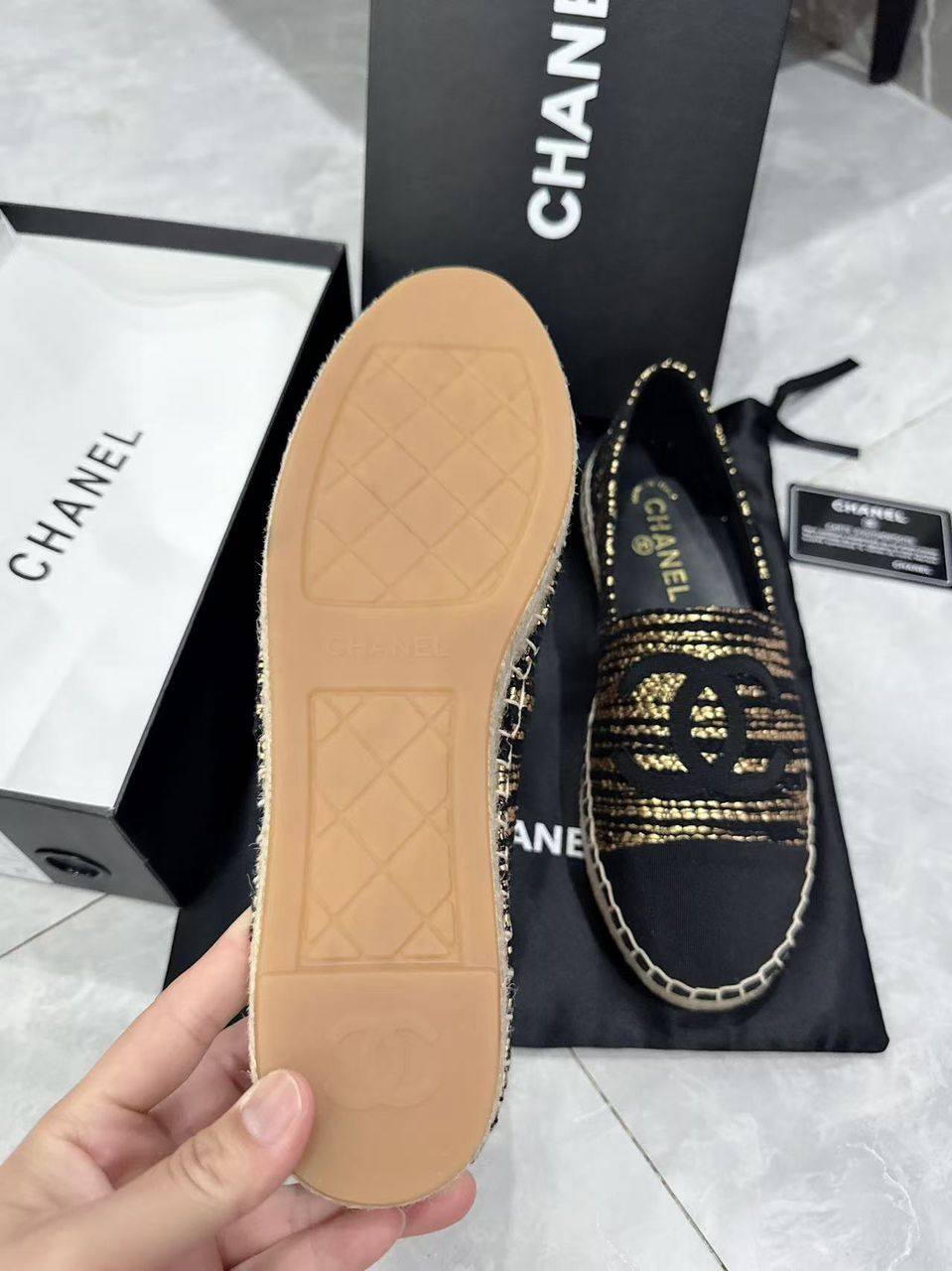 Chanel Metallic Tweed Grosgrain Cc Espadrilles Slip On Gold Black