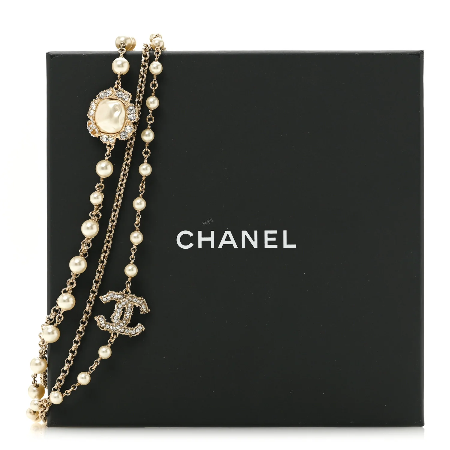 Pearl Crystal CC Camellia Express Long Necklace Gold