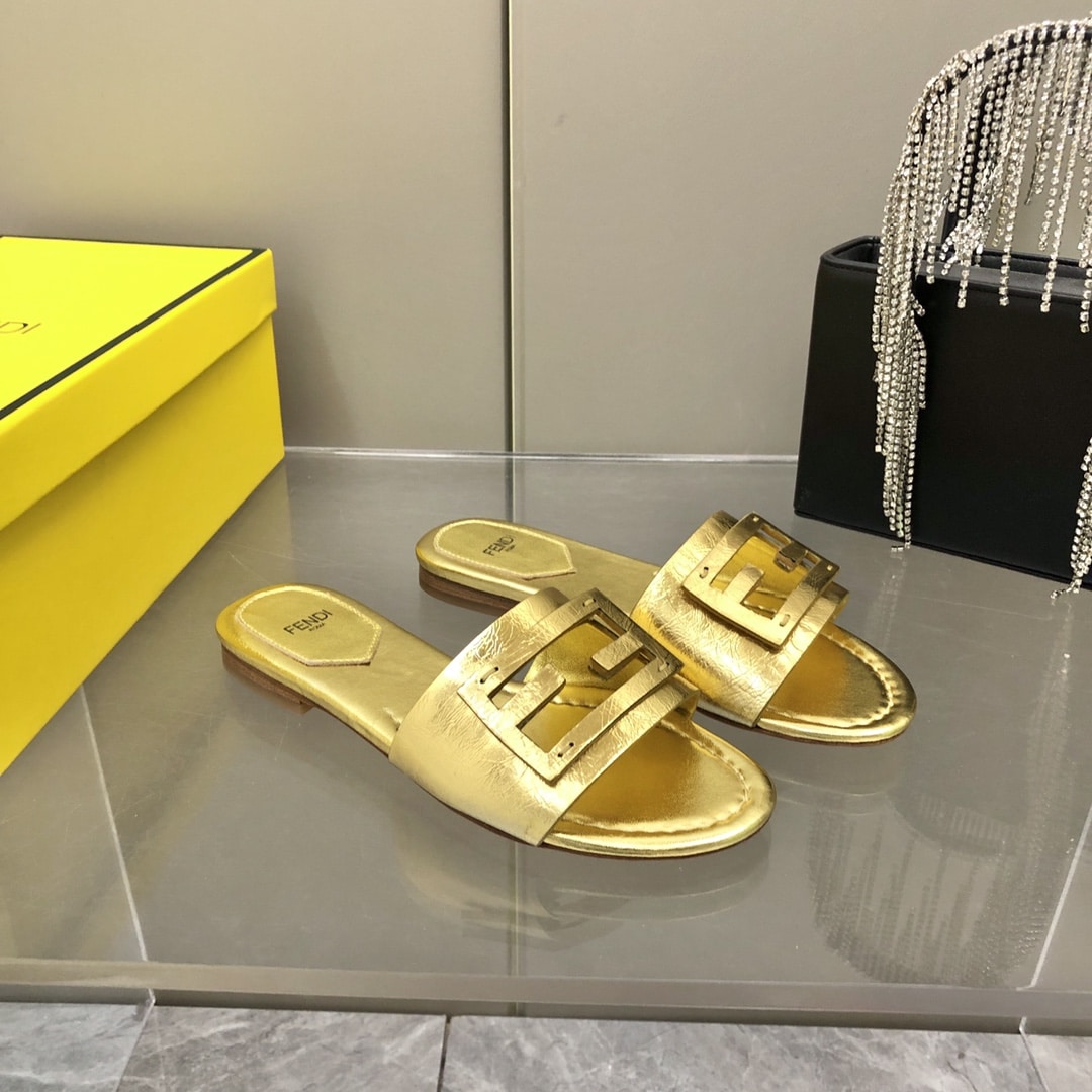 Fendi Baguette Gold Nappa Leather Slides 8R8136Ai16F0Xv6