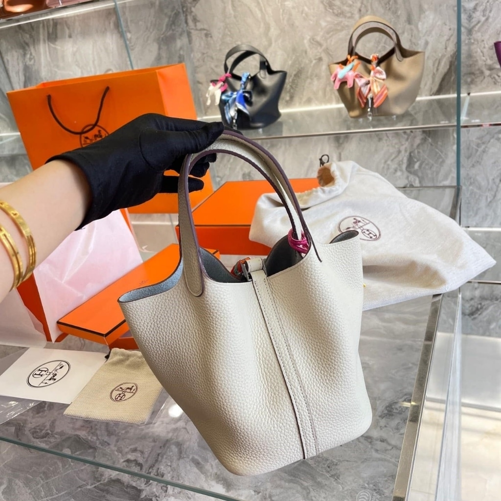 Hermes Picotin 18 Beton Clemence Silver Hardware White 18Cm