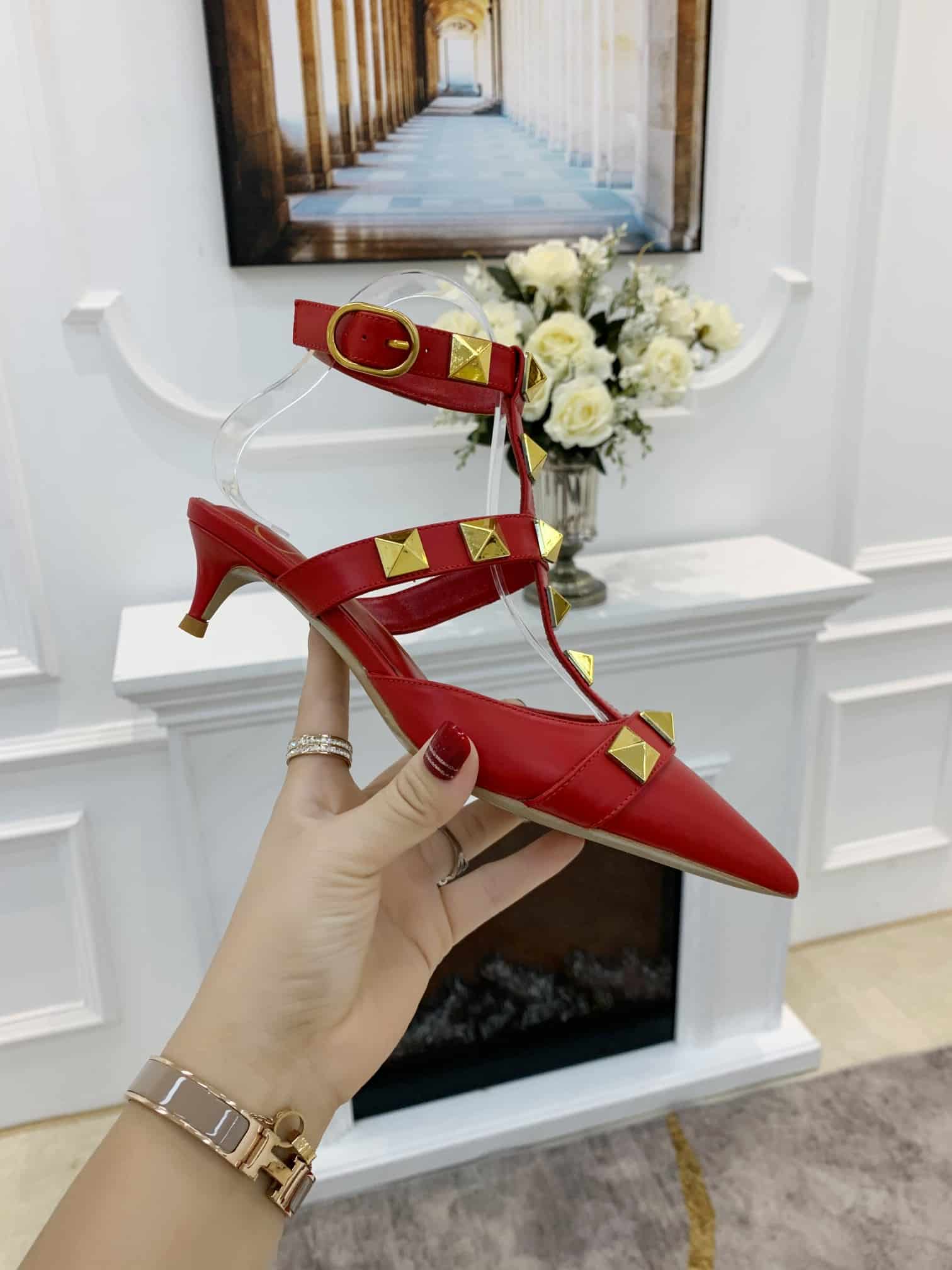 Valentino Garavani Roman Stud Kitten Heel Pumps Red