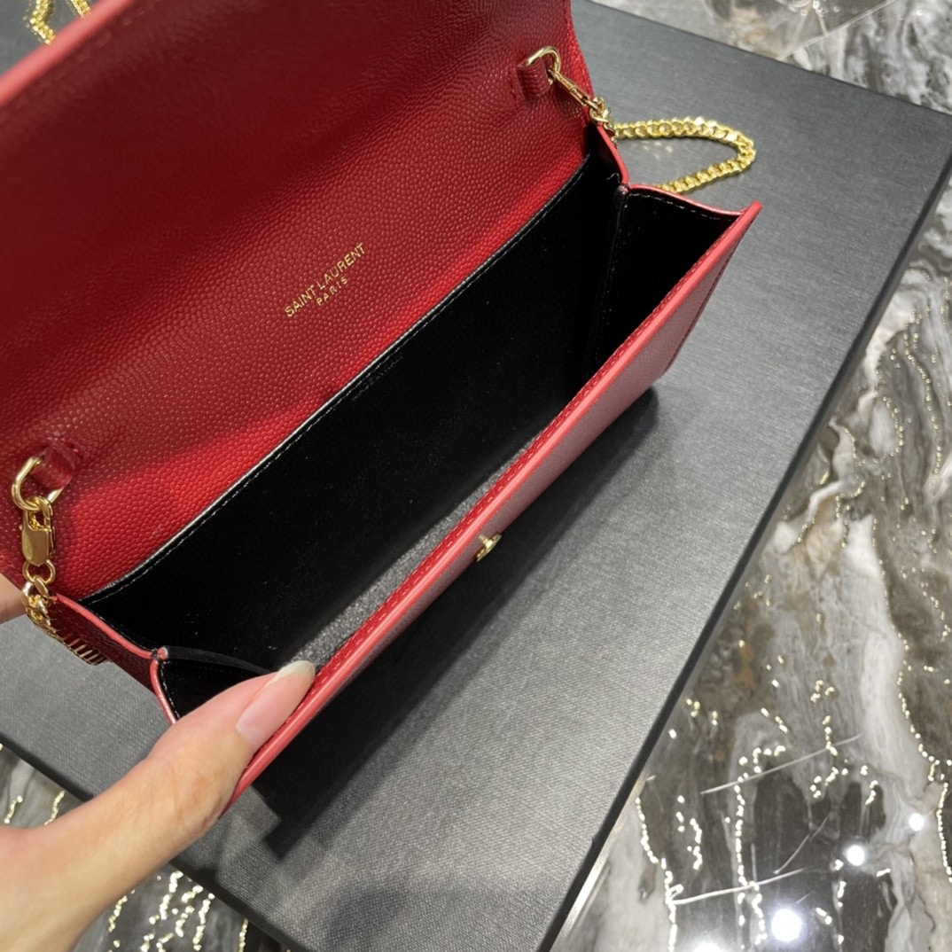 Saint Laurent Uptown Chain Wallet In Grain De Poudre Embossed Leather Red 19Cm
