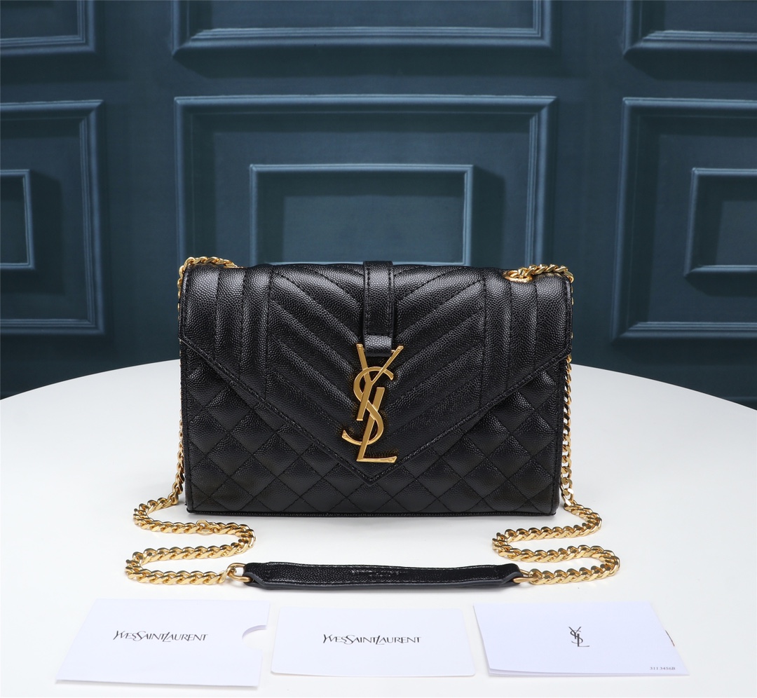 Saint Laurent Envelope Small In Quilted Grain De Poudre Embossed Leather Gold Black 21Cm 600195Bow911000