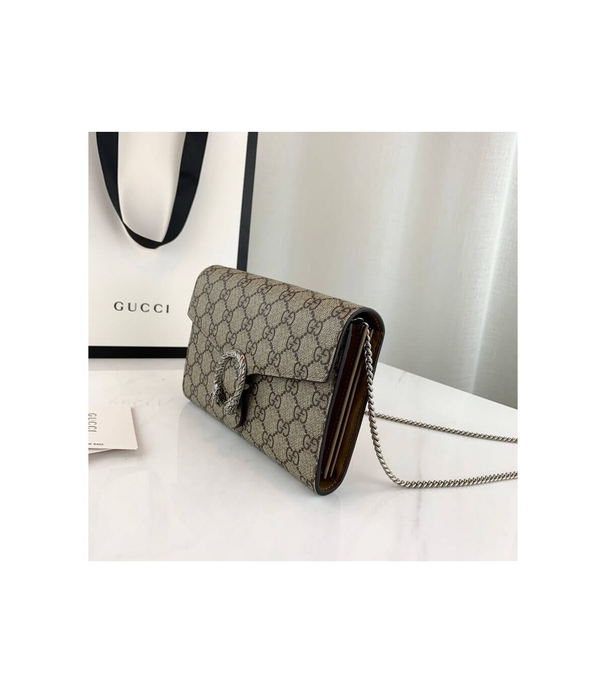 Gucci Dionysus GG Supreme Chain Wallet Beige 20cm