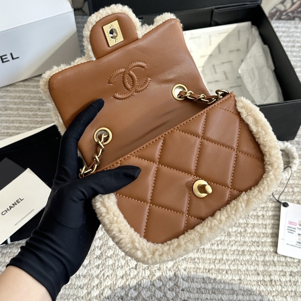 Chanel Mini Flap Bag Shearling Beige And Brown 18Cm As5148 B18194 Nzw48