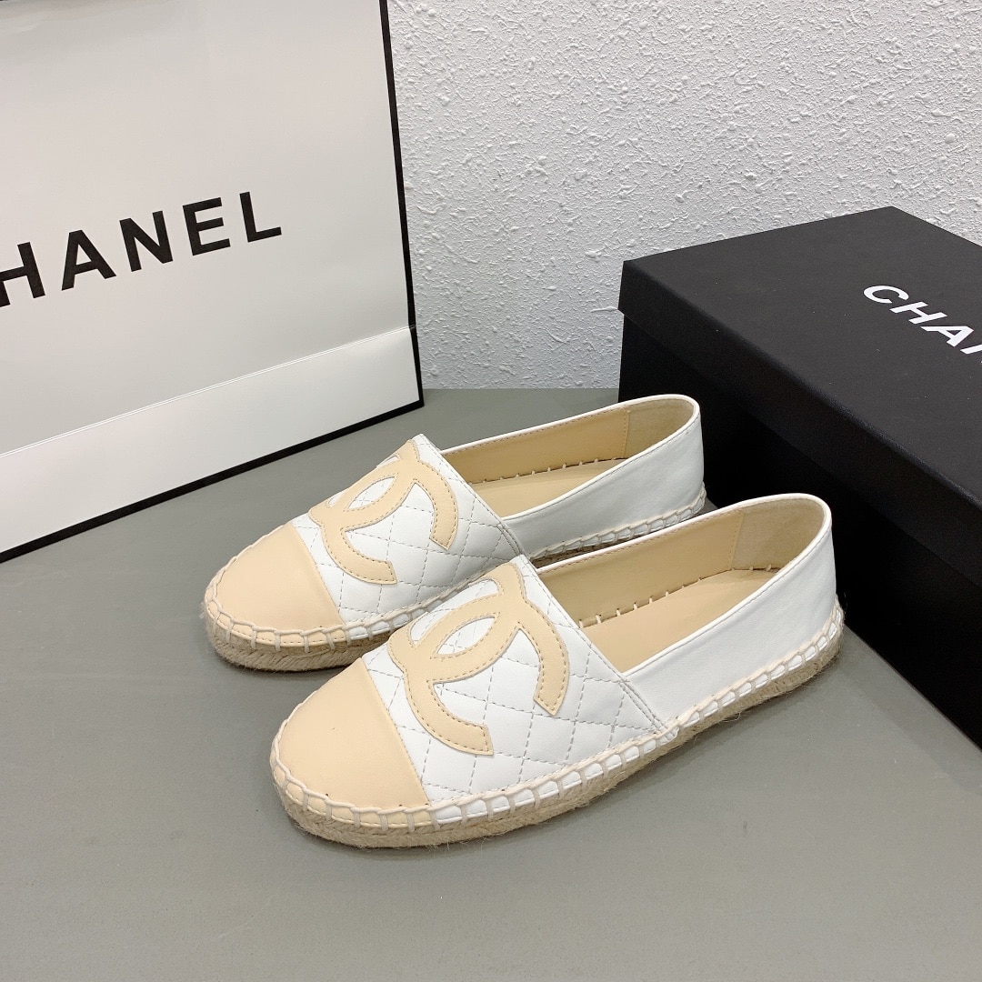 Chanel Cc Espadrilles Slip On White Beige