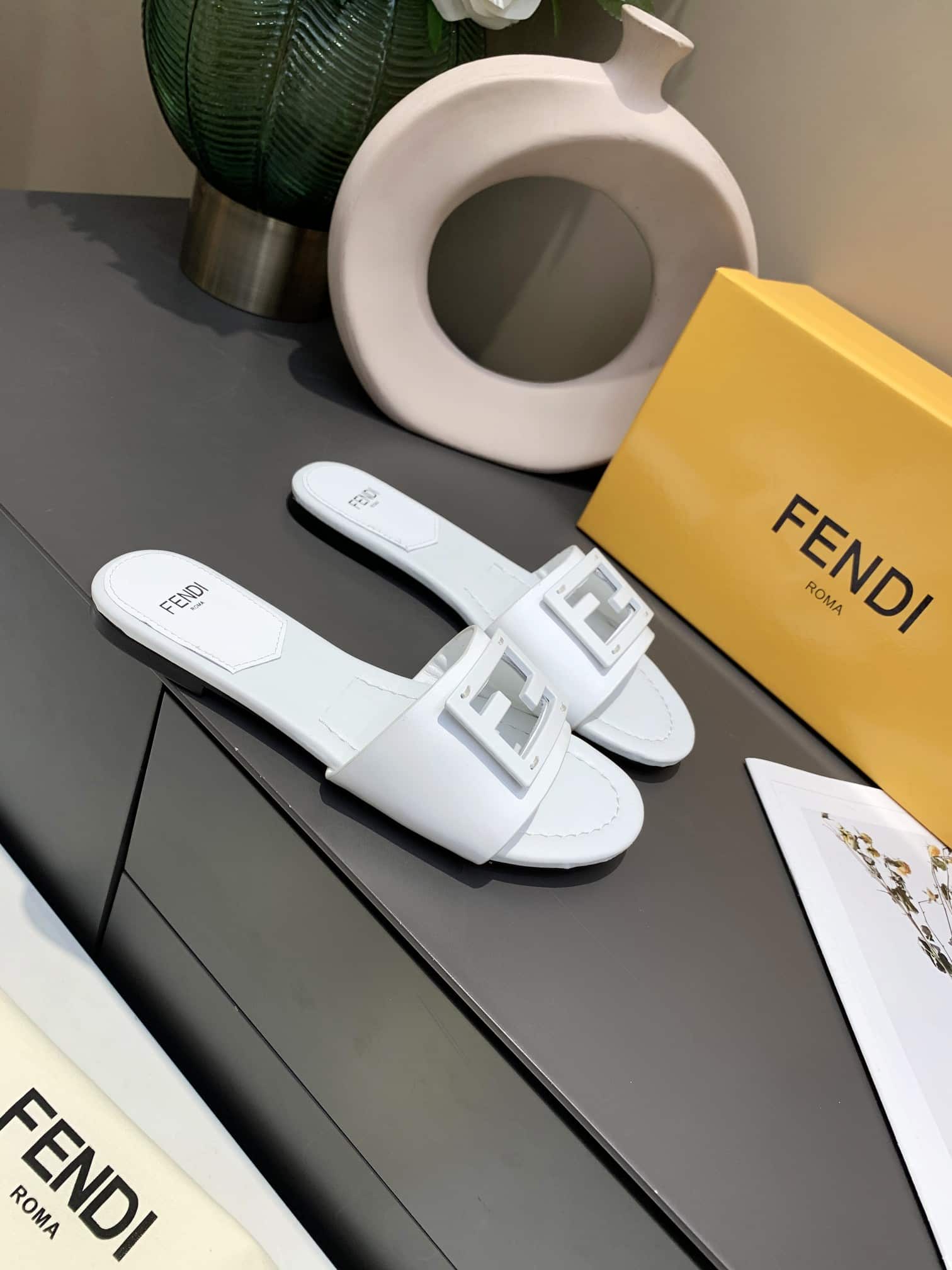 Fendi Signature Leather Sandals Slide White