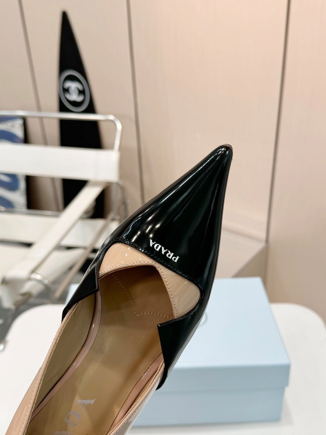 Prada Two Tone Toe Kitten Heels In Black And Beige