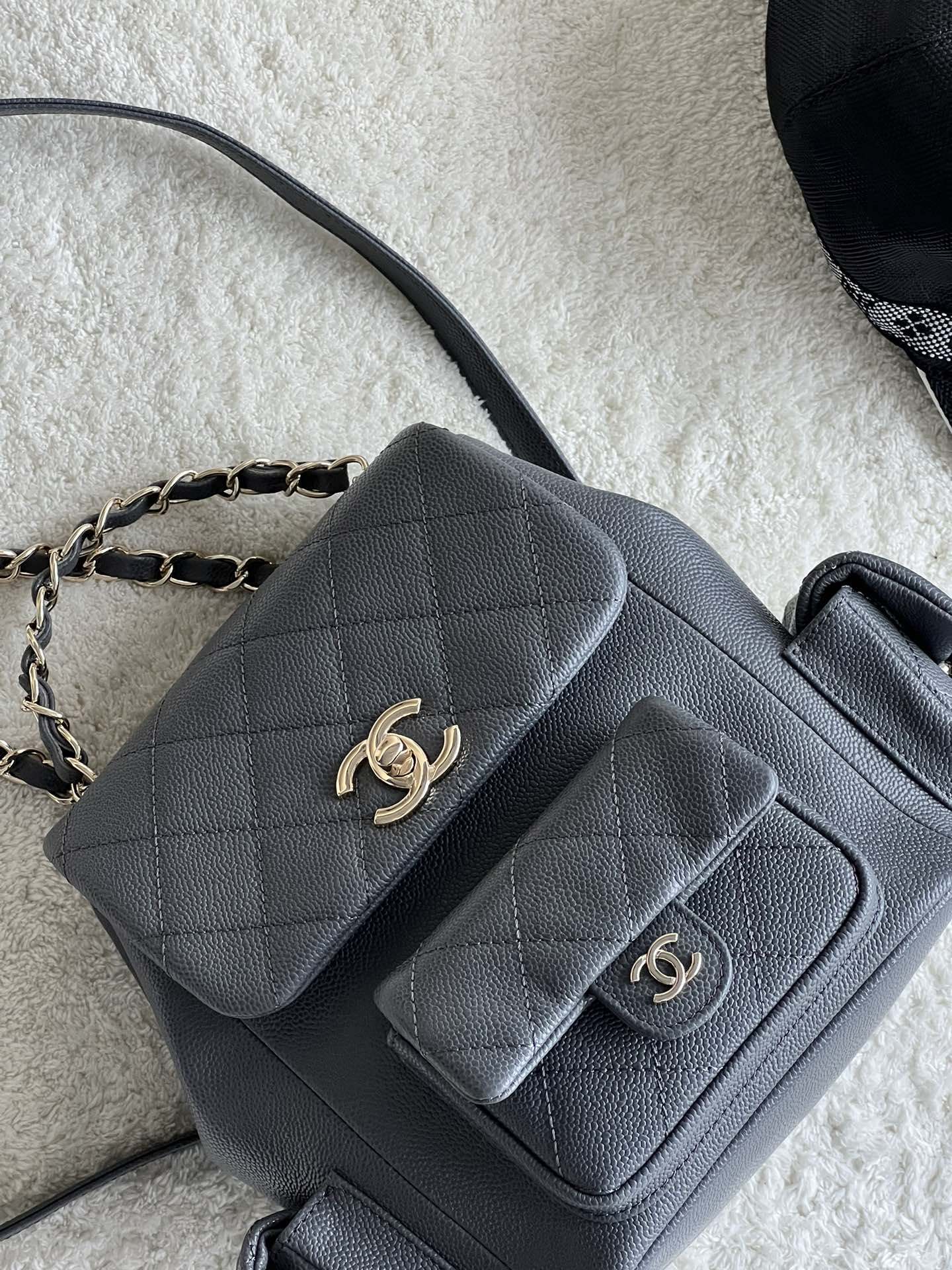 23K Duma Tank Backpack in Dark Grey Quilted Caviar Leather with Light Gold-Tone Hardware
