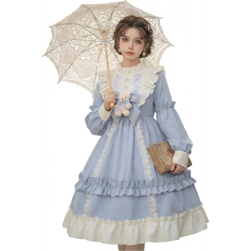Teens Lolita Princess Dress Kawaii Long Sleeve Chiffon Skirt Petite Dress