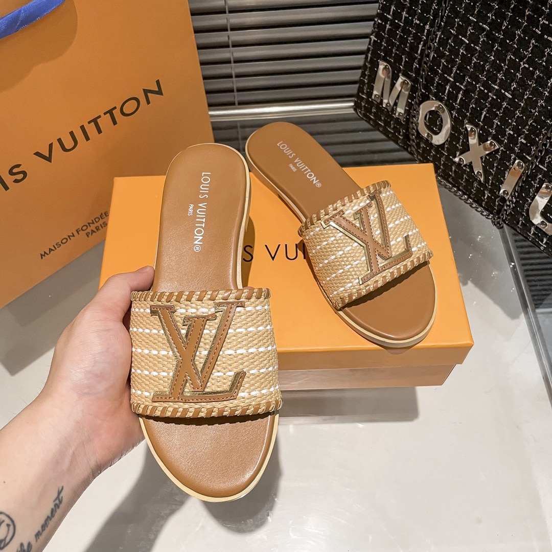 Louis Vuitton Lock It Flat Raffia Mules Brown