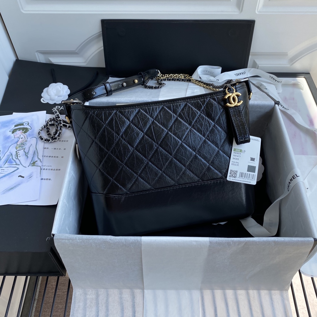 20S  Gabrielle  Medium Hobo Bag in Black Aged Calfskin with Gold & Silver Hardware (Model A93824)
