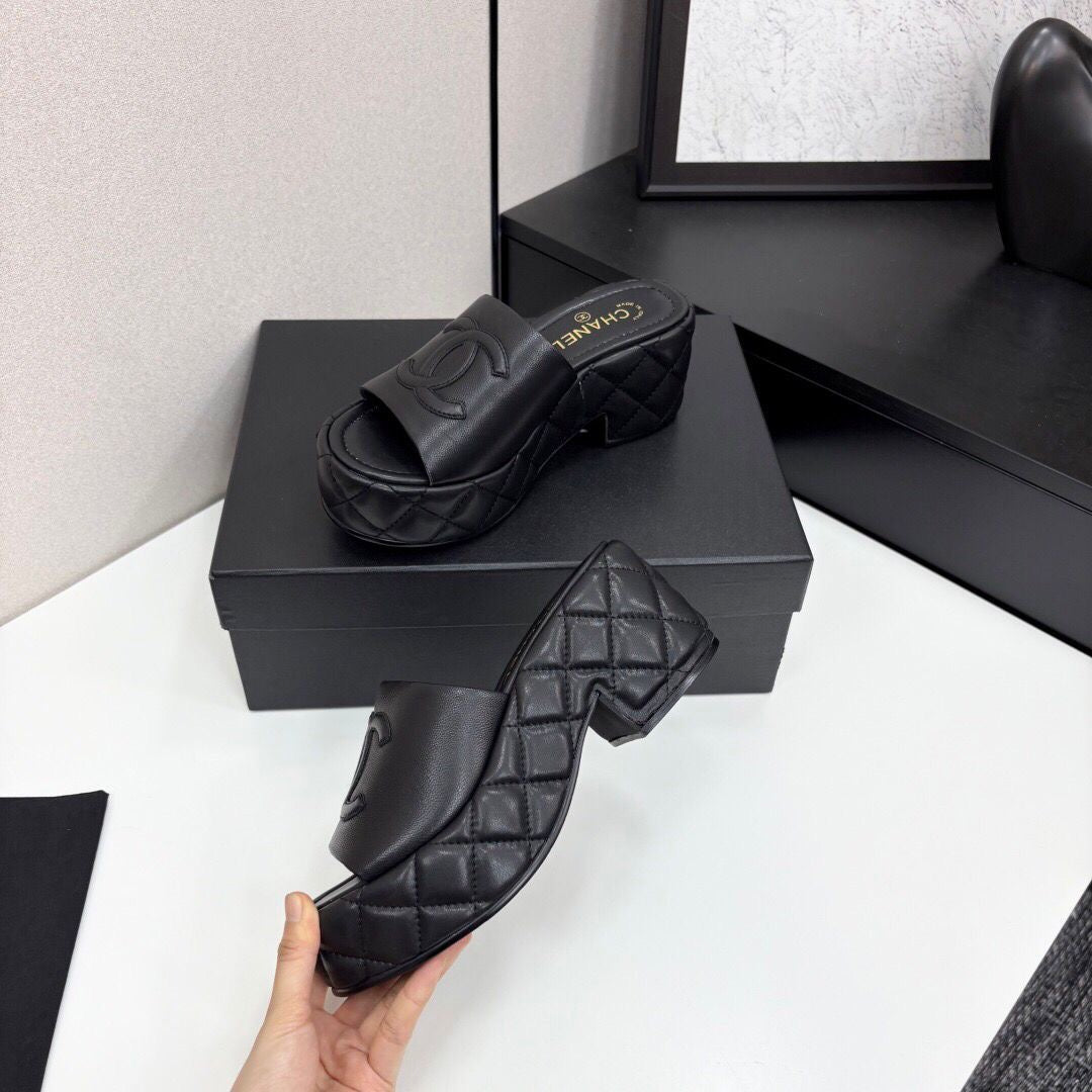 Chanel CC Embossed Logo High Heel Mules in Black Quilted Calfskin