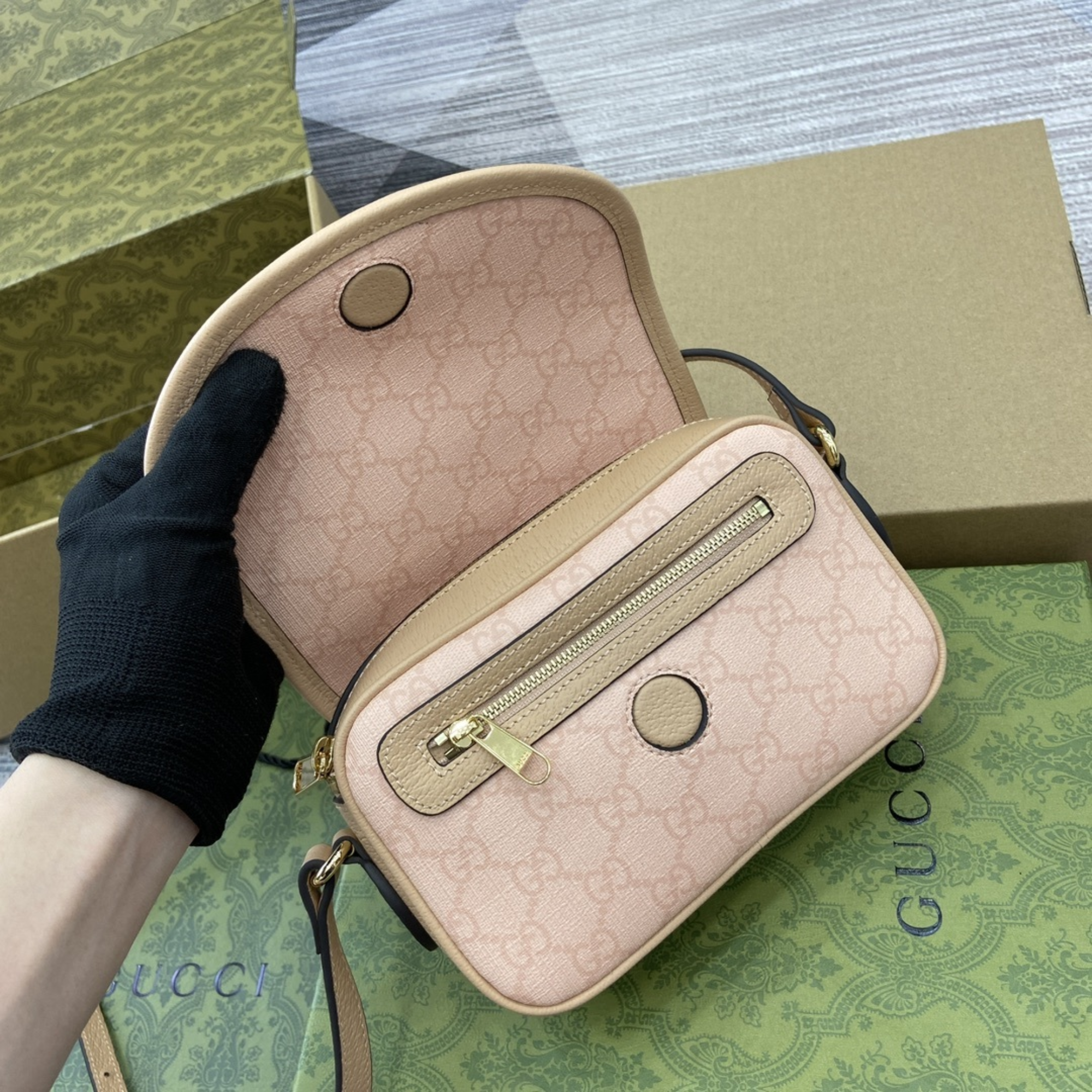 Gucci Monogram Textured Dollar Mini Ophidia Rose Pink